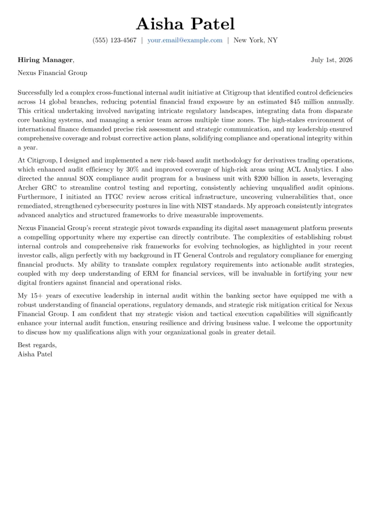 Director of Internal Audit cover letter example preview