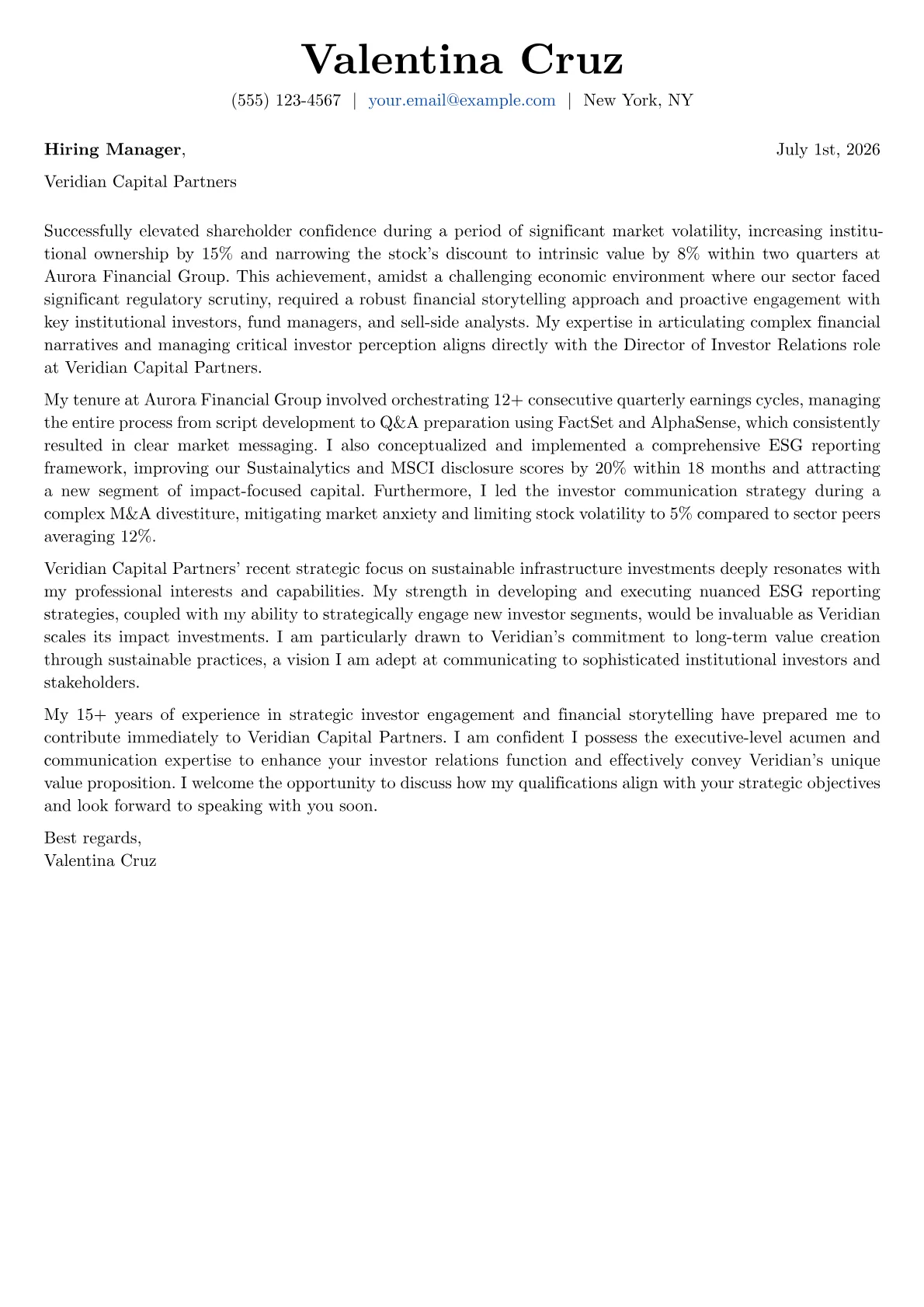 Director of Investor Relations cover letter formatted with a JobSprout template