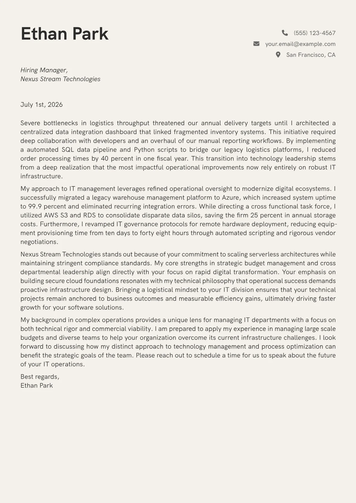 Director of IT cover letter in the Creative design