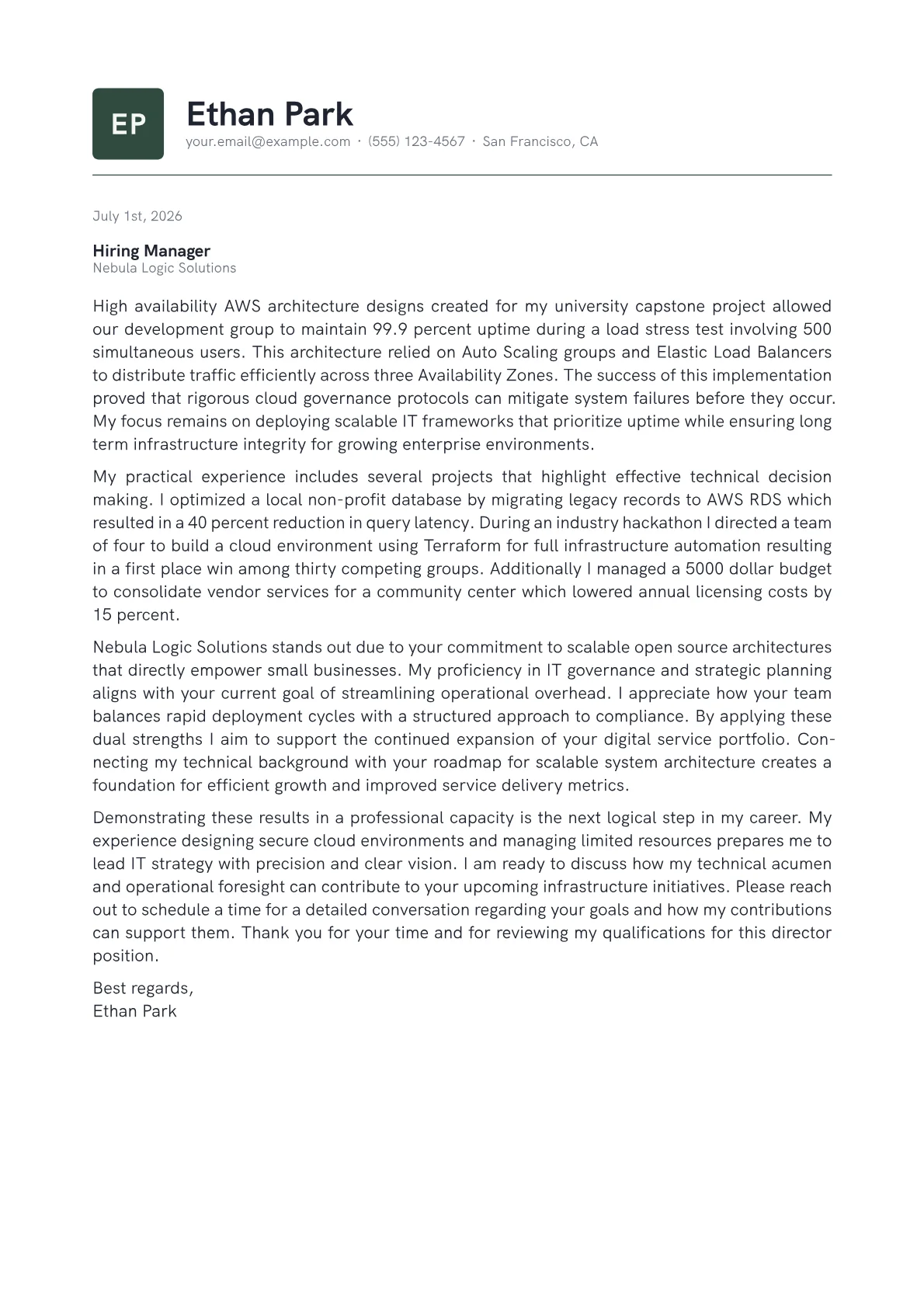 Director of IT cover letter in the Emblem design