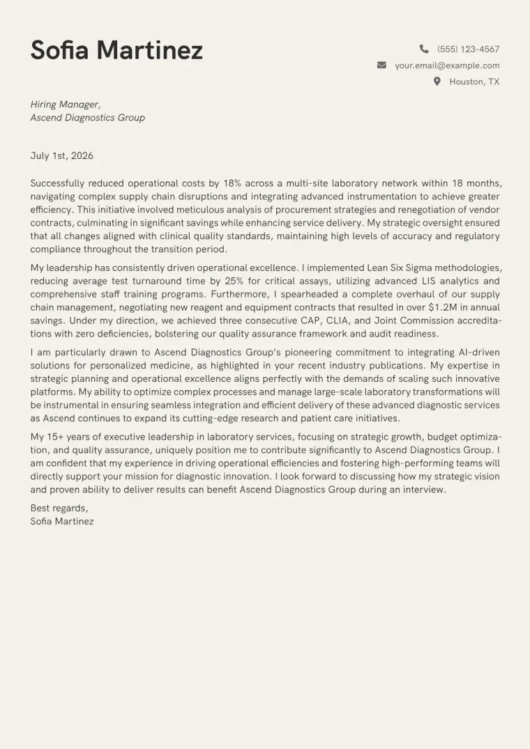 Director of Laboratory Services cover letter example preview