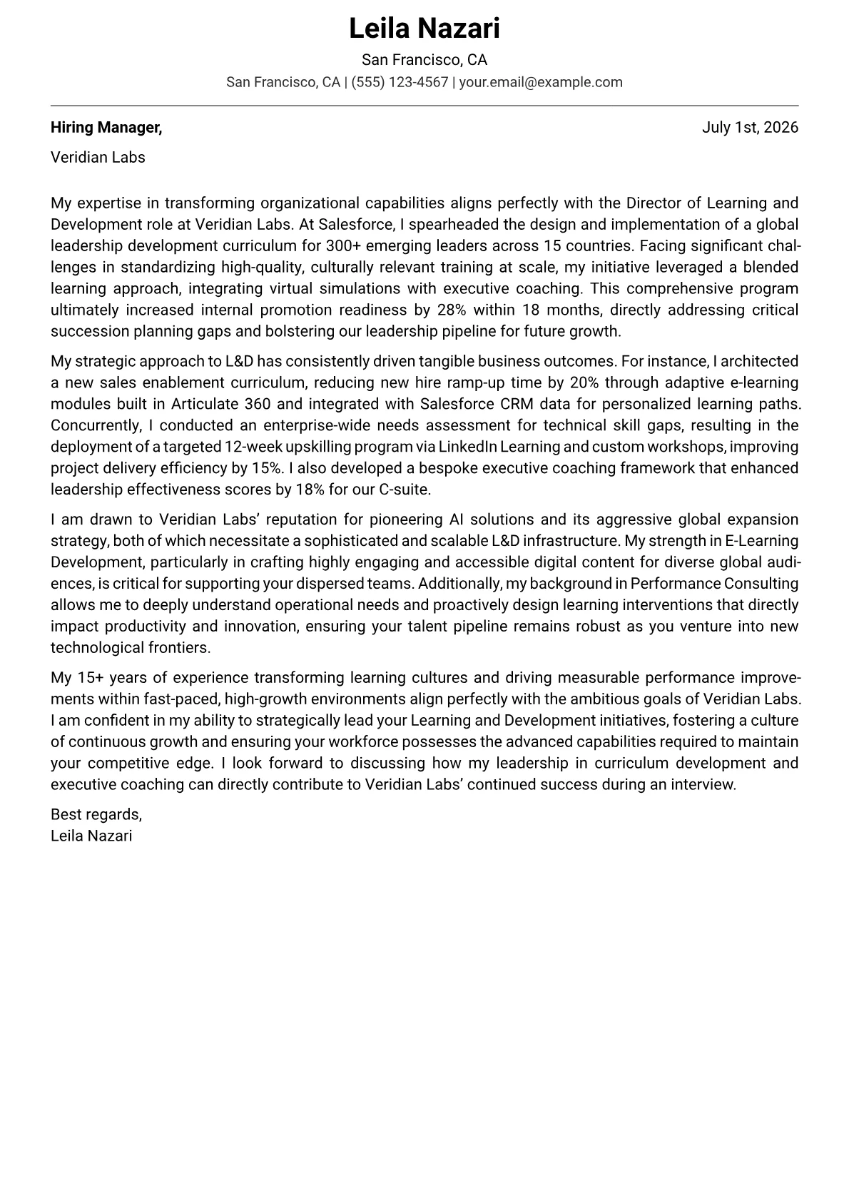 Director of Learning and Development cover letter formatted with a JobSprout template