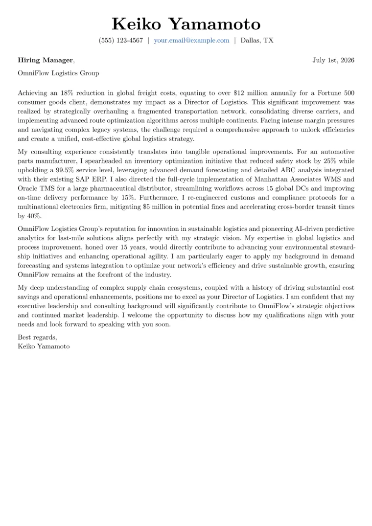 Director of Logistics cover letter example