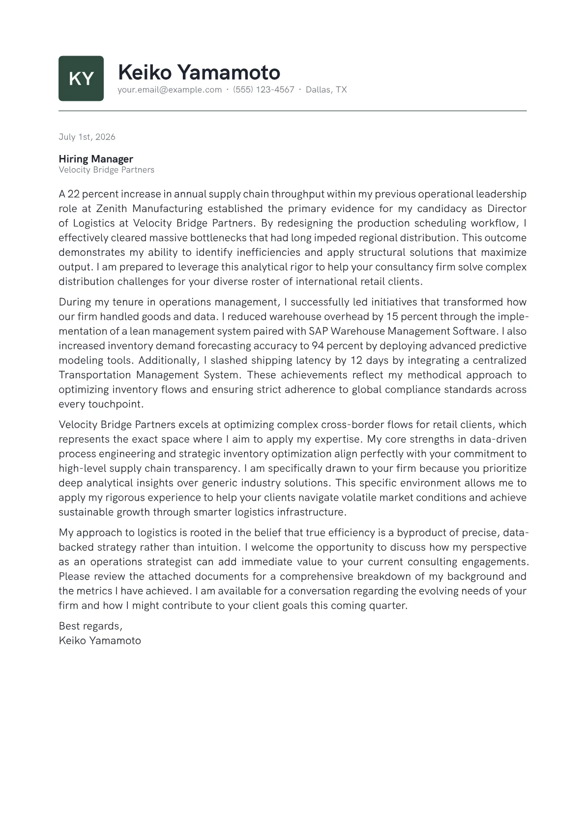 Director of Logistics cover letter in the Emblem design