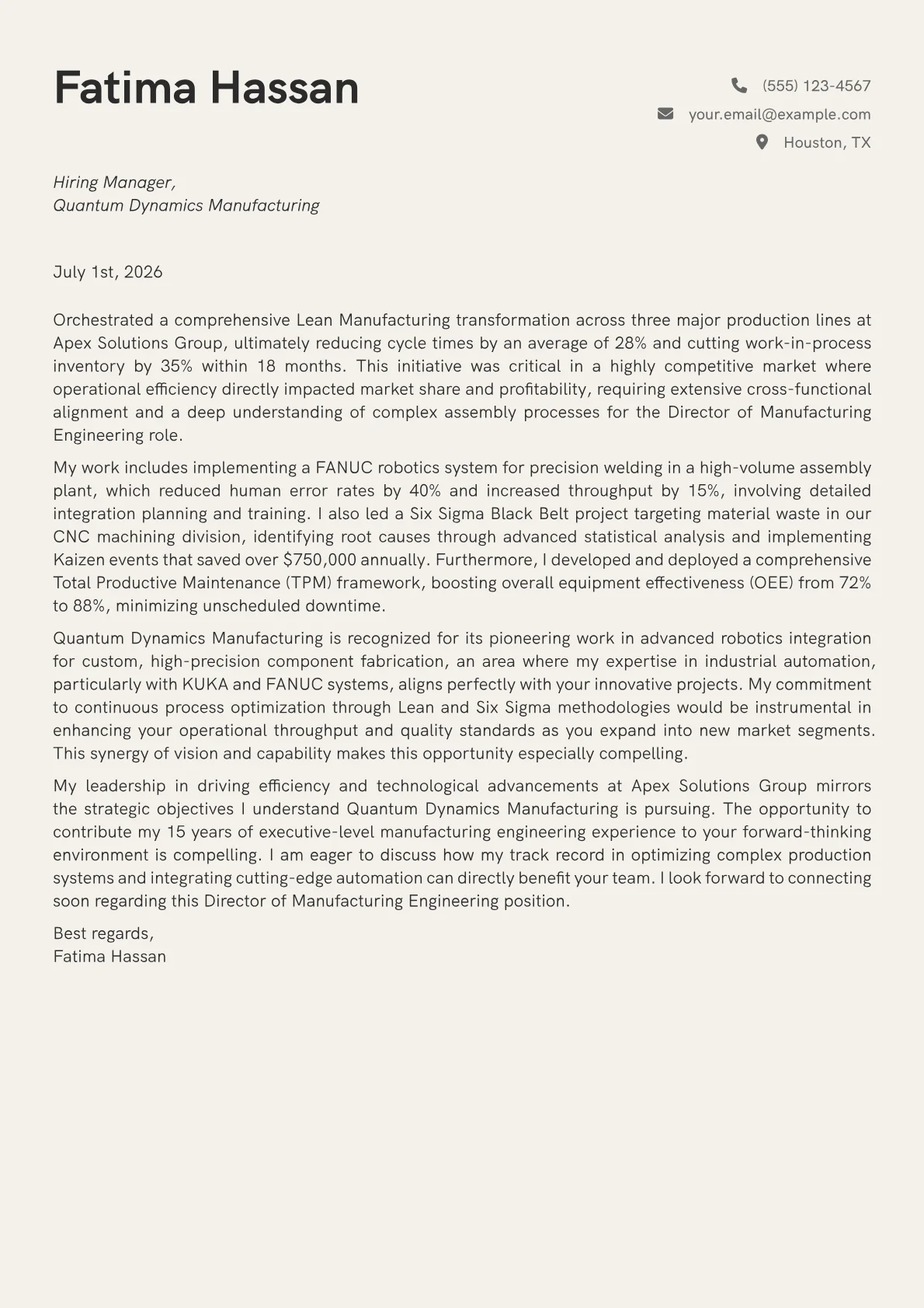 Director of Manufacturing Engineering cover letter formatted with a JobSprout template