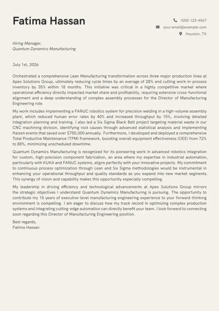 Director of Manufacturing Engineering cover letter example preview