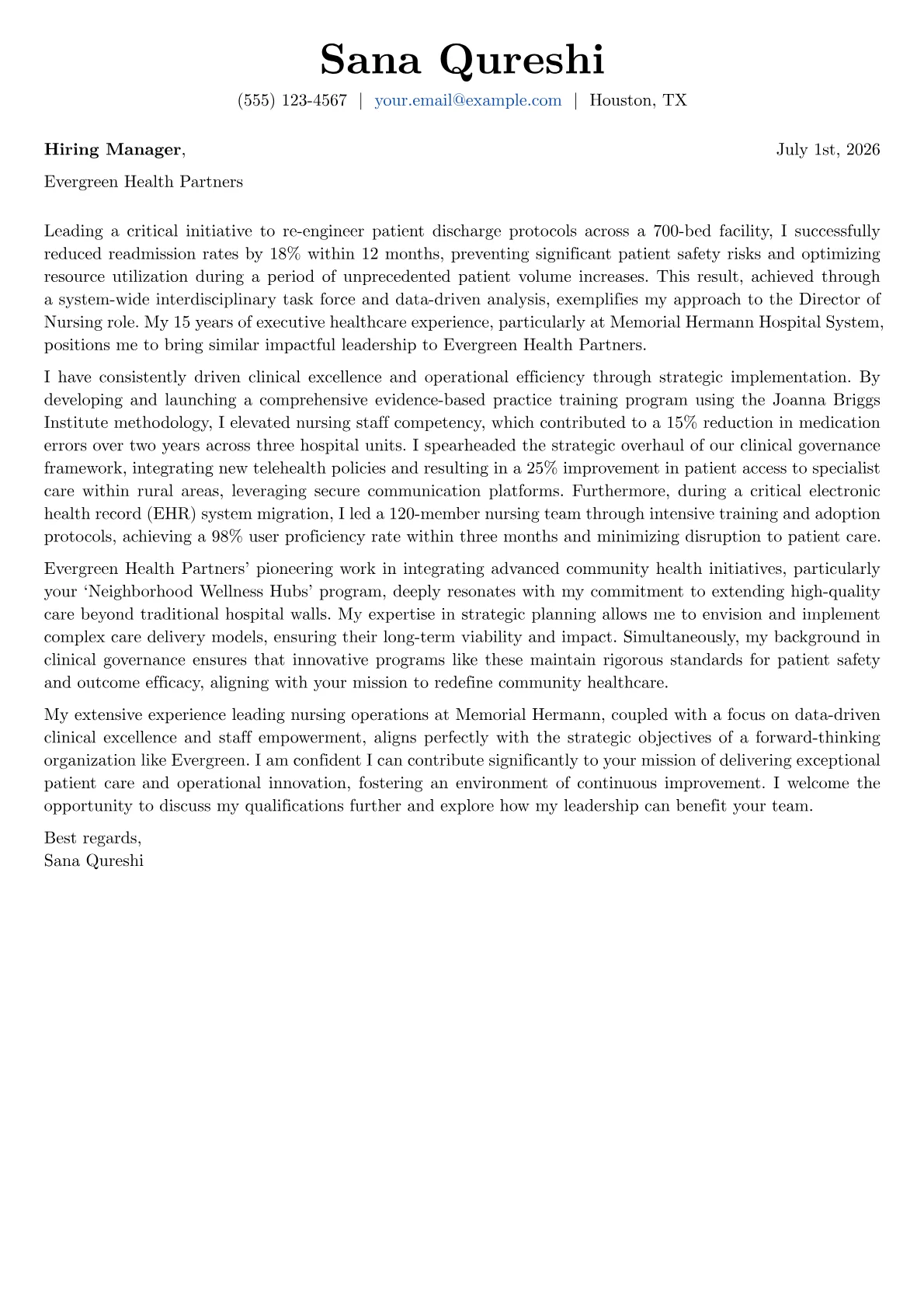 Director of Nursing cover letter formatted with a JobSprout template