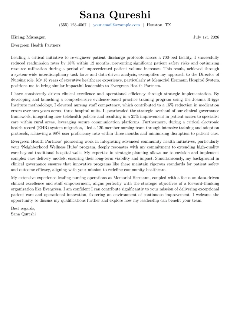 Director of Nursing Cover Letter Example