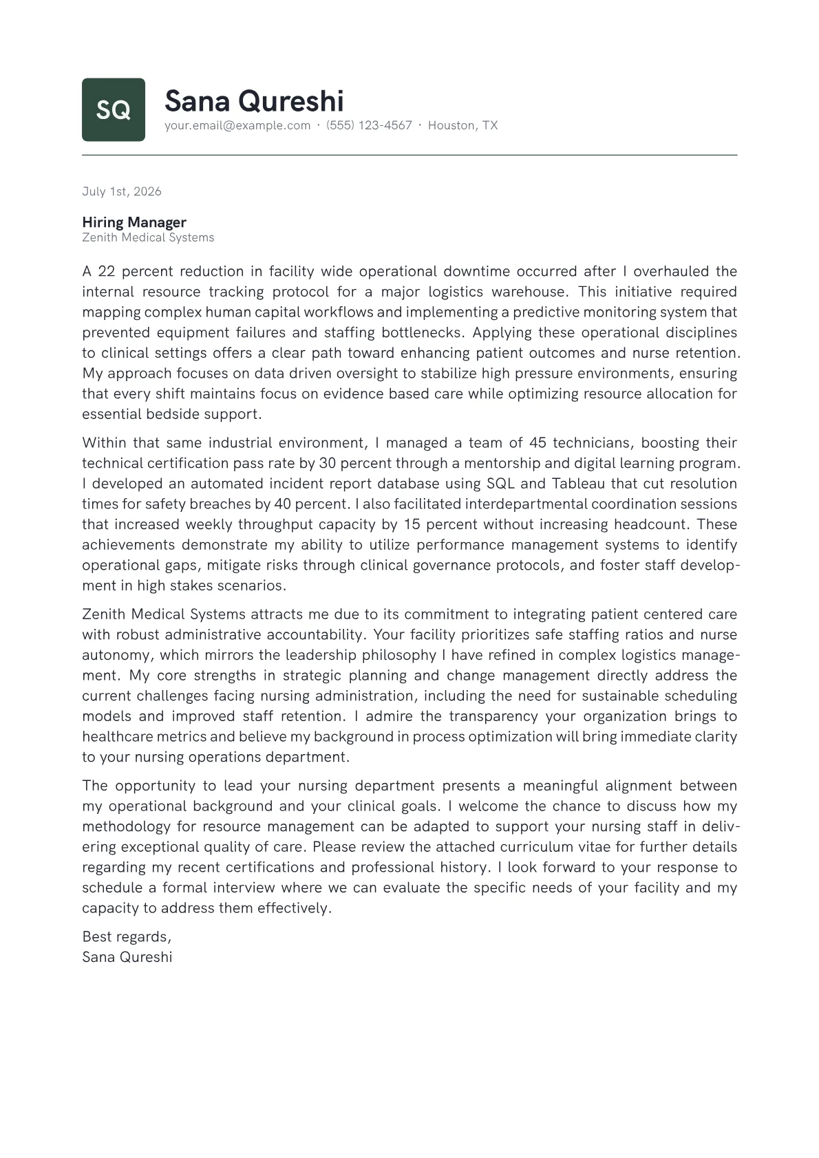 Director of Nursing cover letter in the Emblem design