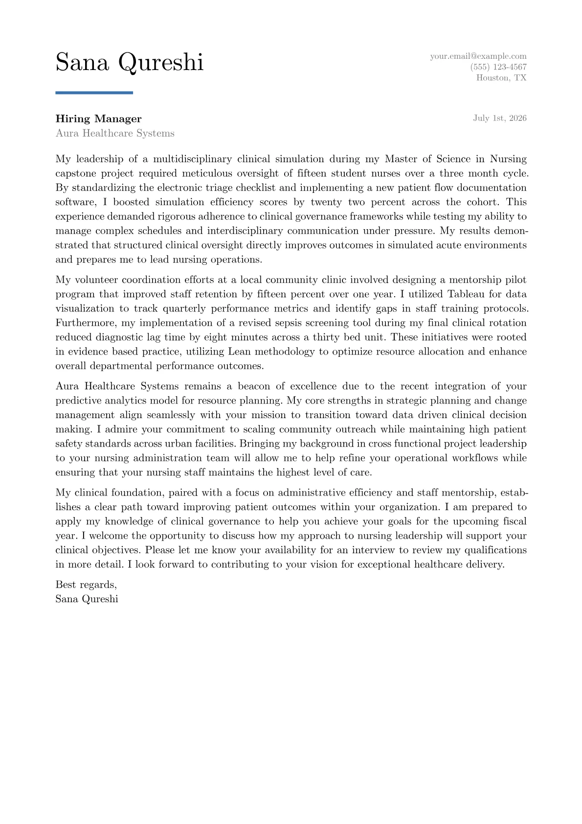 Director of Nursing cover letter in the Executive design