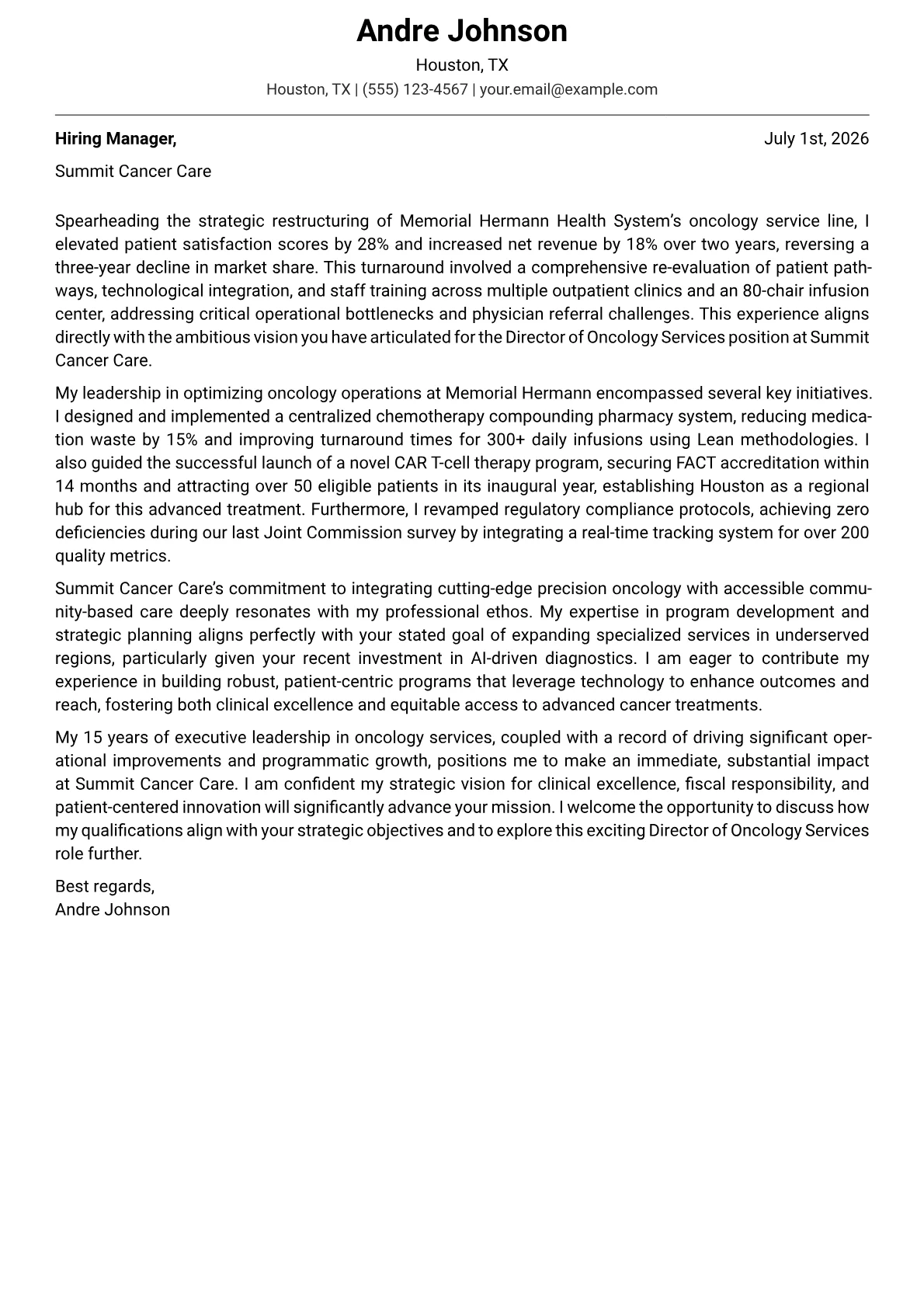 Director of Oncology Services cover letter formatted with a JobSprout template