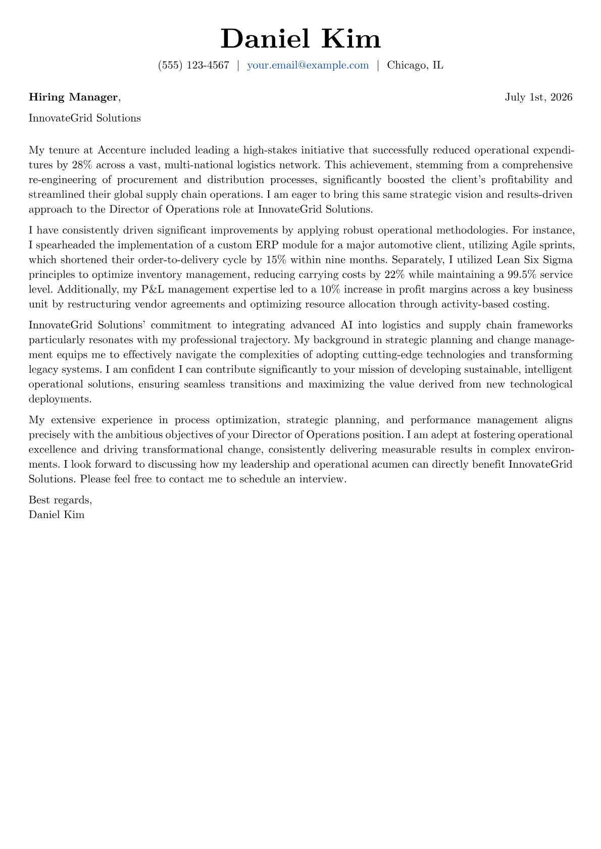 Director of Operations cover letter formatted with a JobSprout template