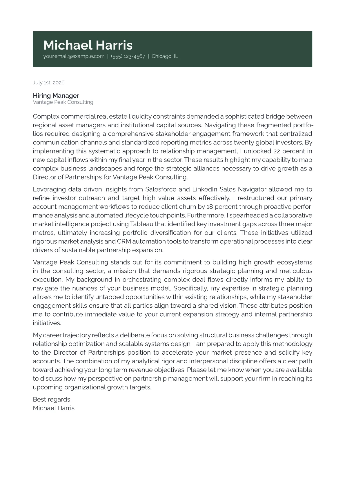 Director of Partnerships cover letter in the Banner design
