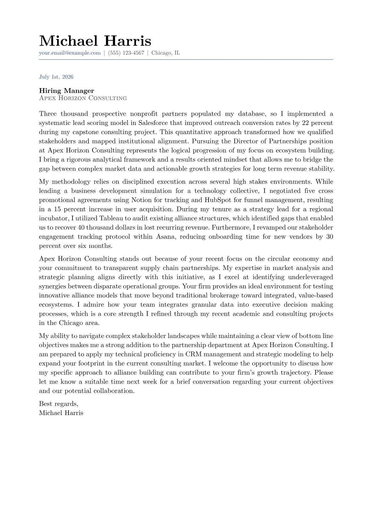 Director of Partnerships cover letter in the Classic design
