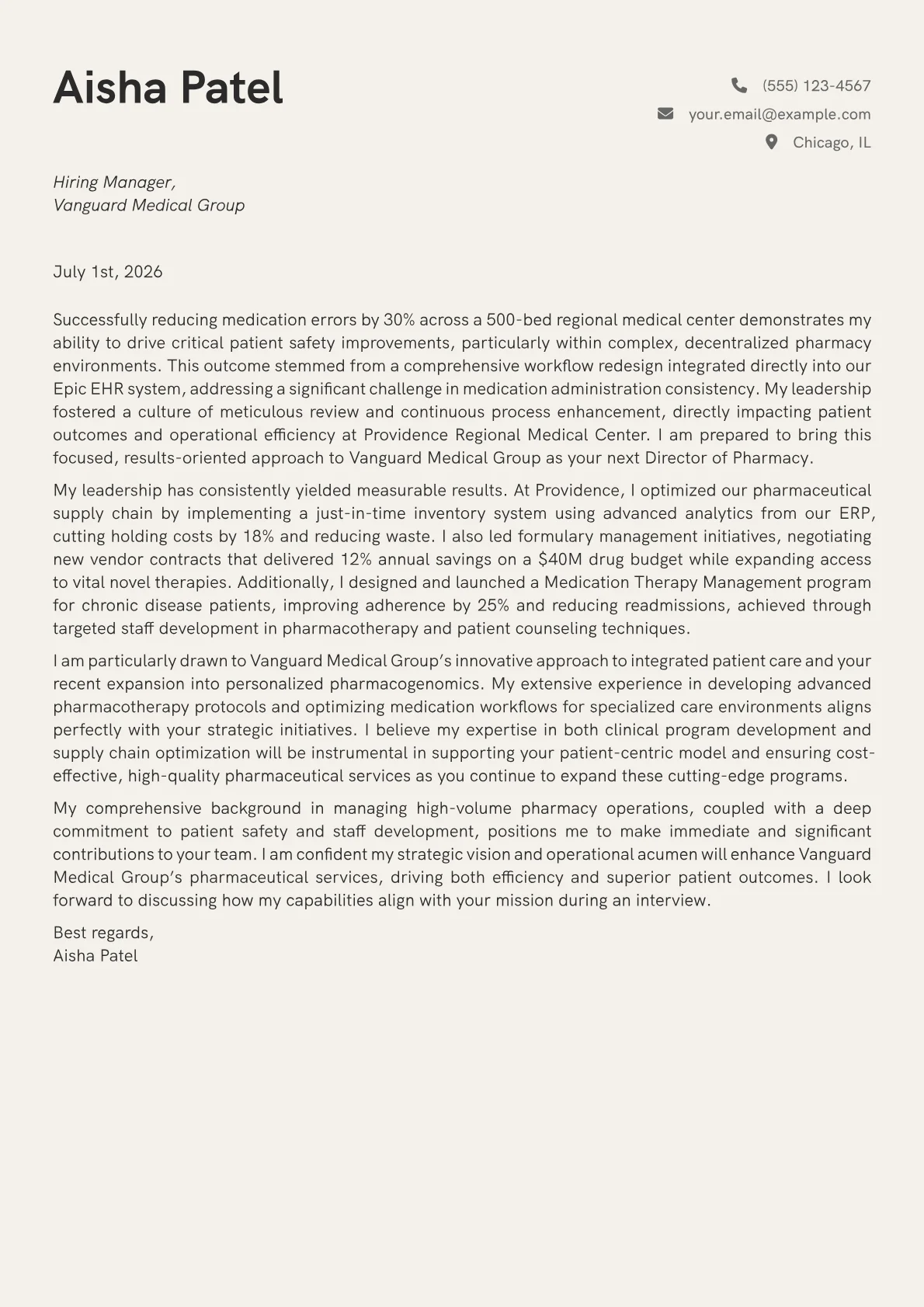 Director of Pharmacy cover letter formatted with a JobSprout template