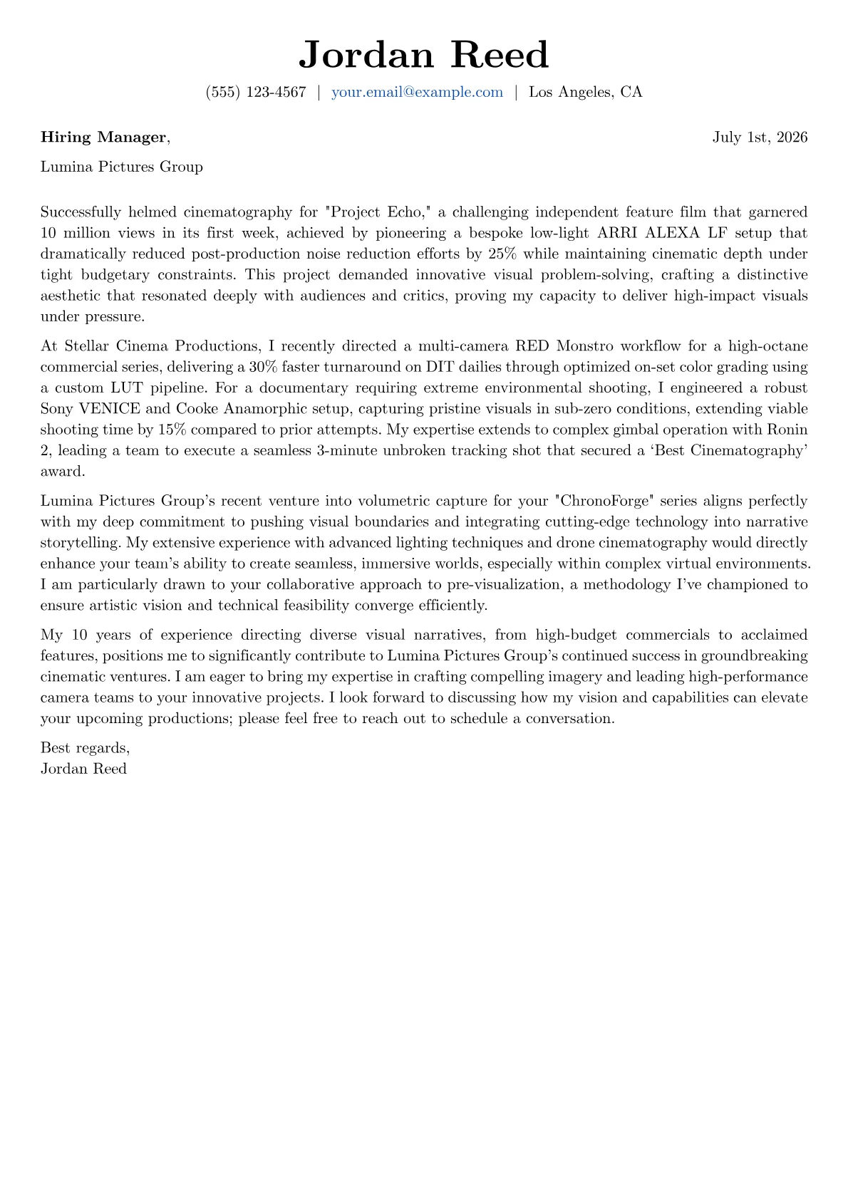 Director of Photography cover letter formatted with a JobSprout template