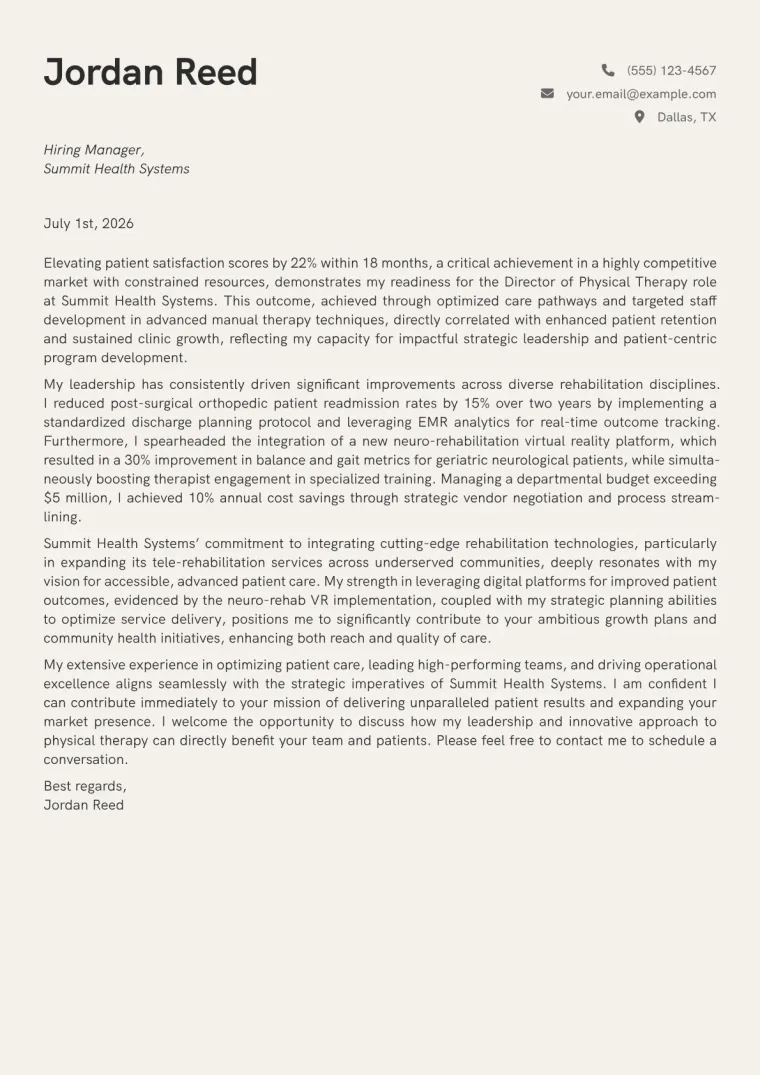 Director of Physical Therapy Cover Letter Example