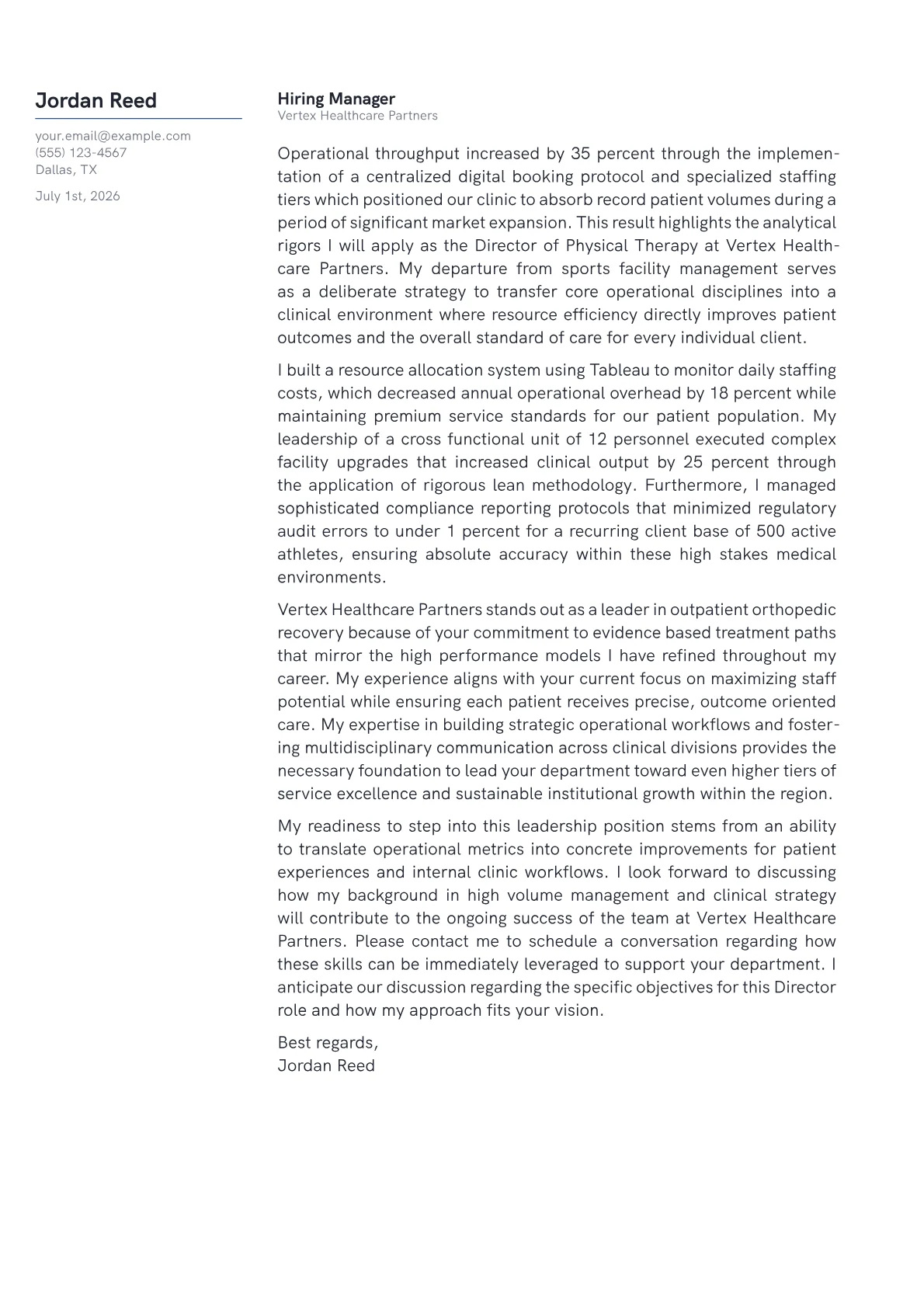Director of Physical Therapy cover letter in the Margin design