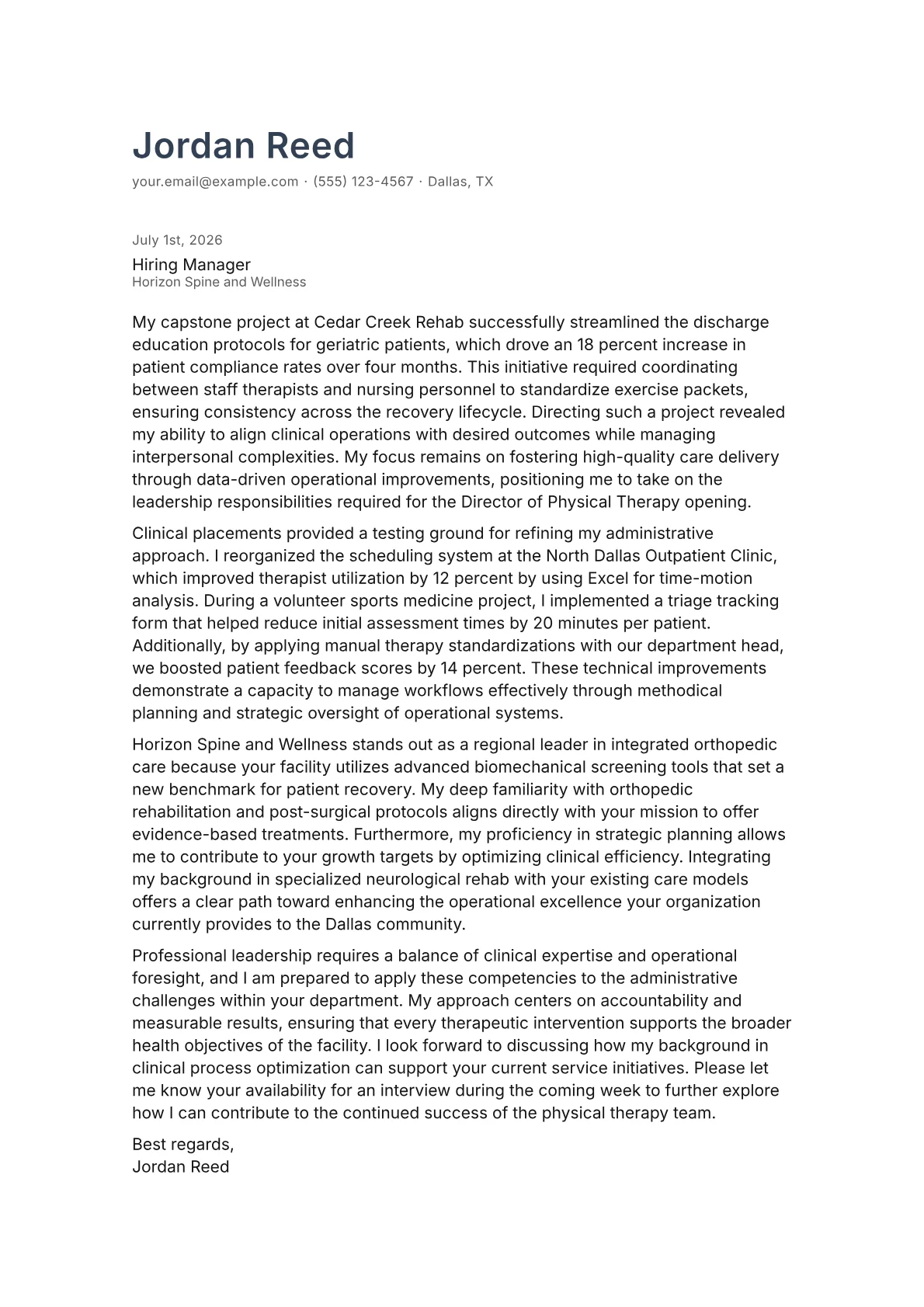 Director of Physical Therapy cover letter in the Minimal design