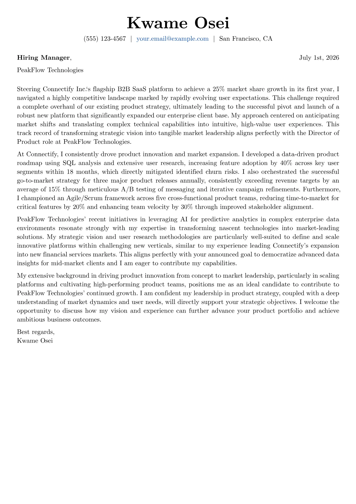 Director of Product cover letter formatted with a JobSprout template