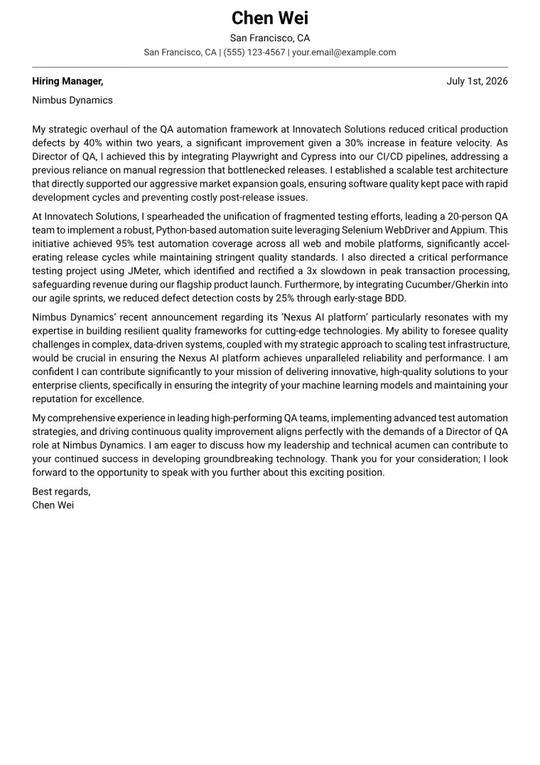 Director of QA cover letter example