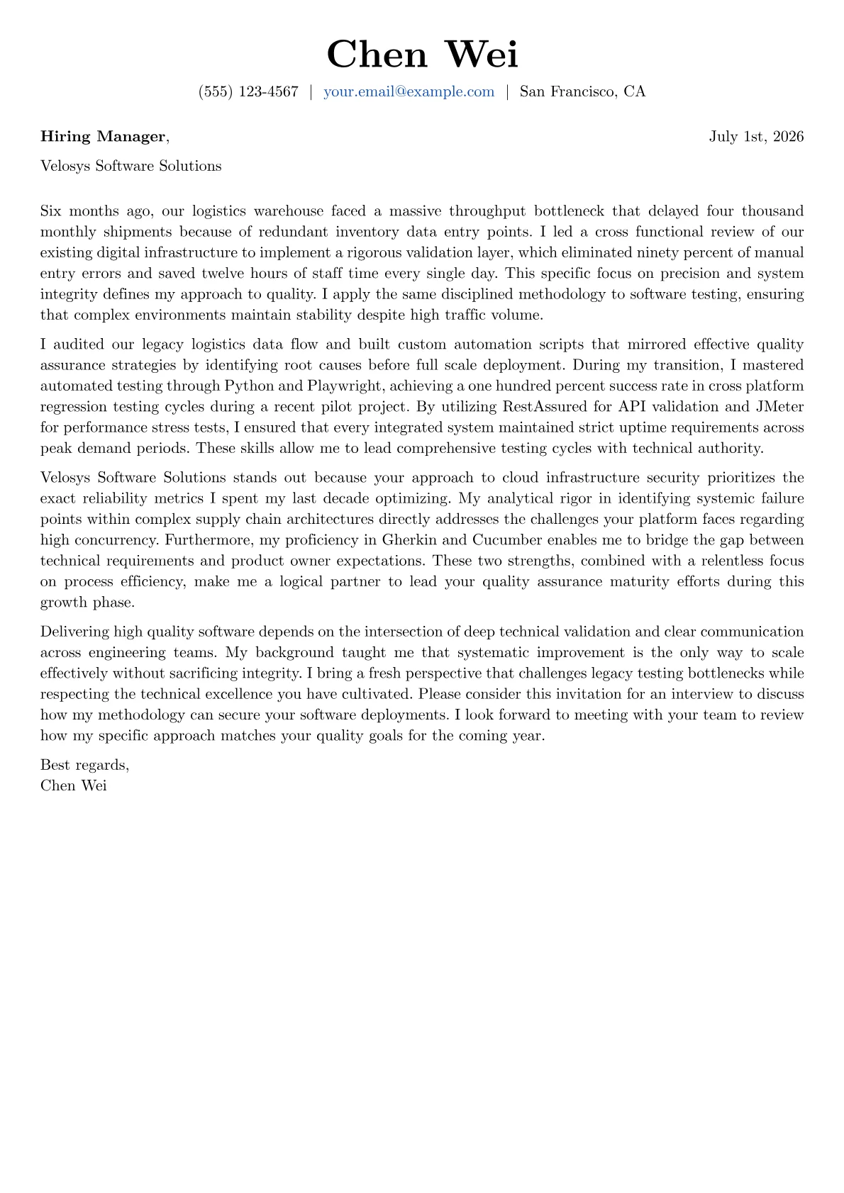 Director of QA cover letter in the Basic design