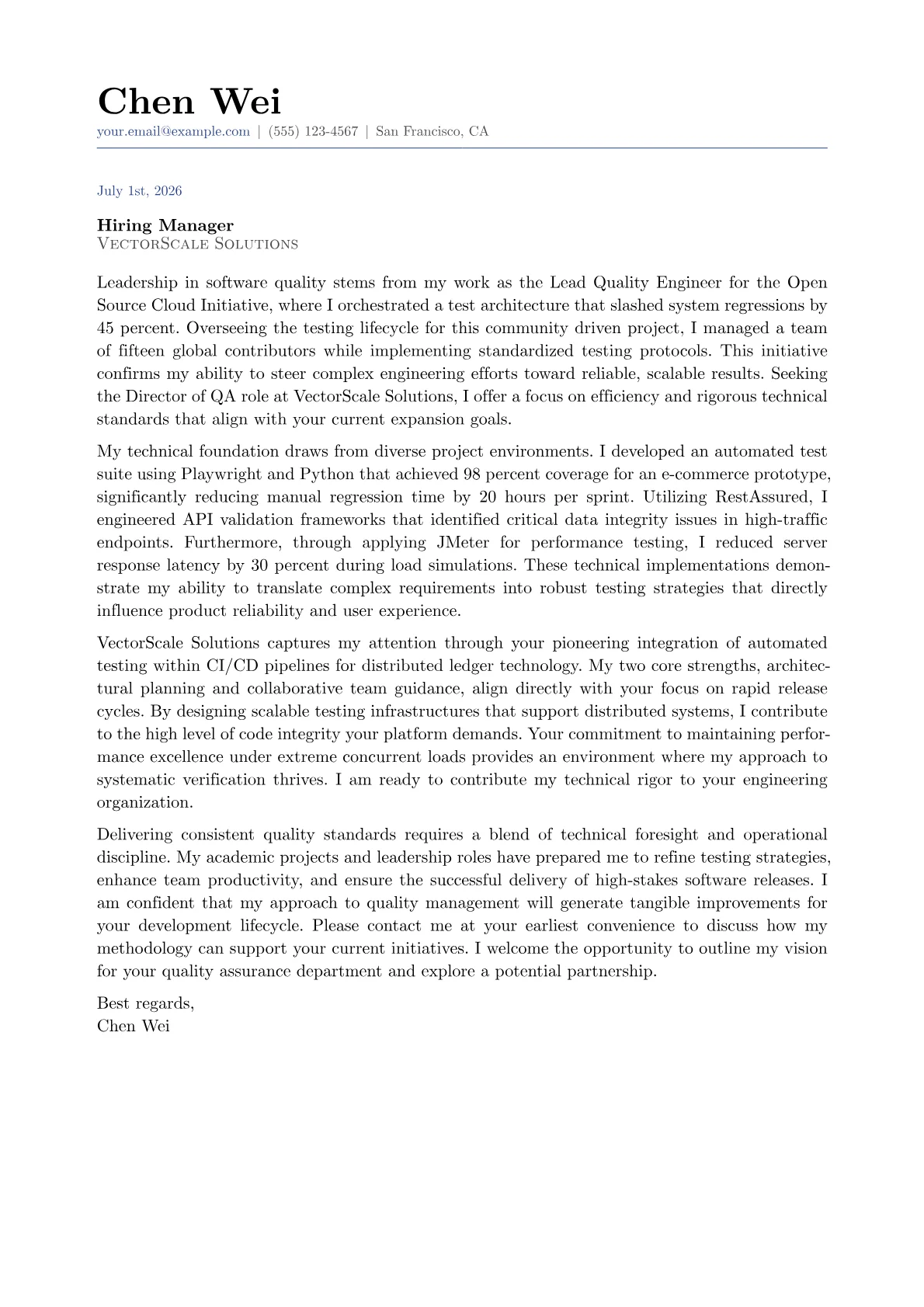 Director of QA cover letter in the Classic design