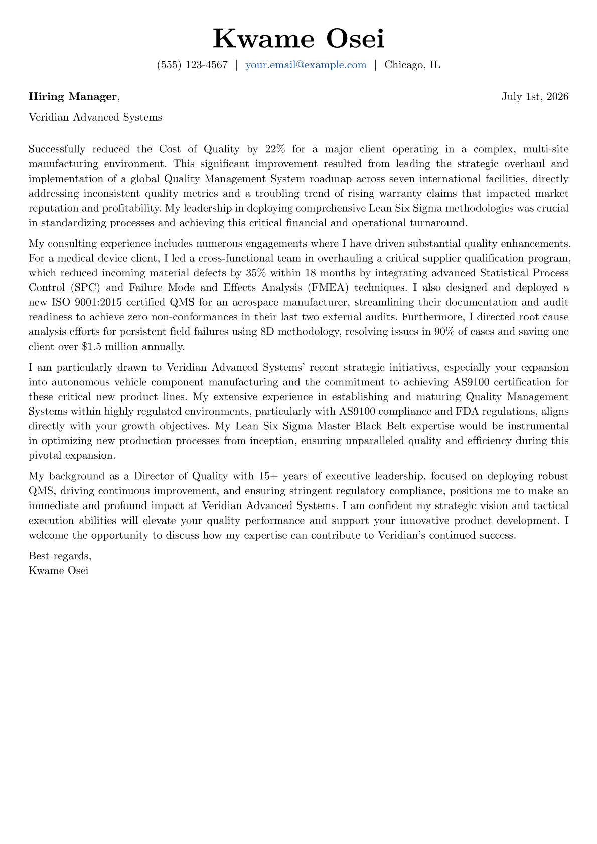 Director of Quality cover letter formatted with a JobSprout template