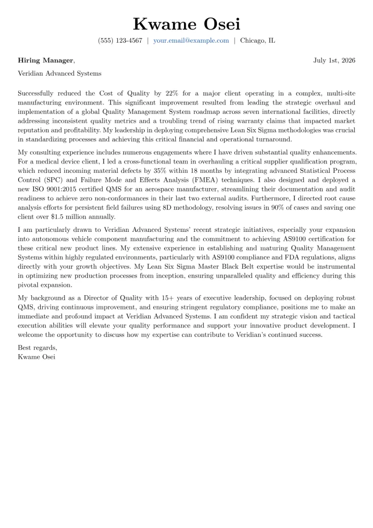 Director of Quality cover letter example preview