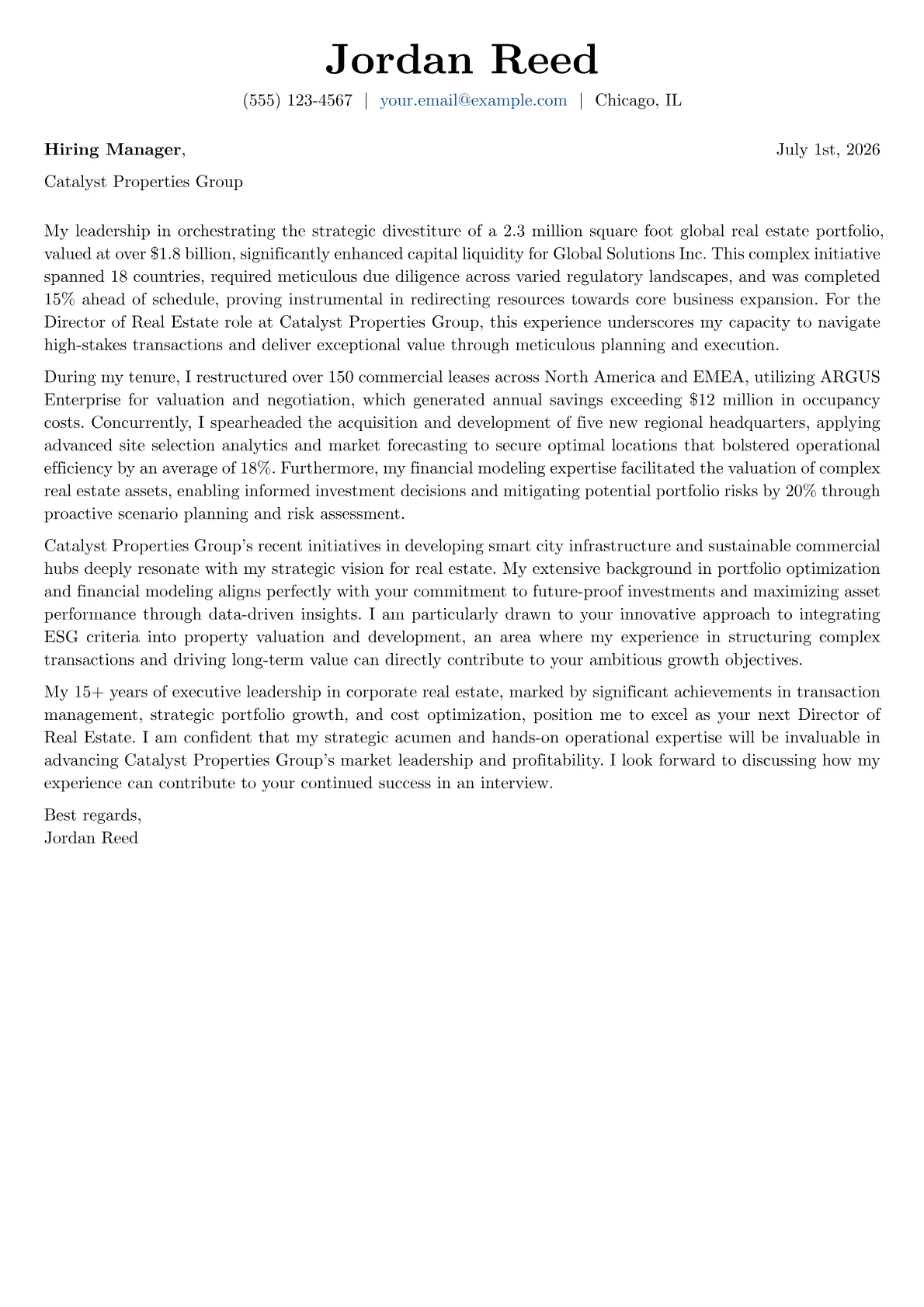 Director of Real Estate cover letter formatted with a JobSprout template