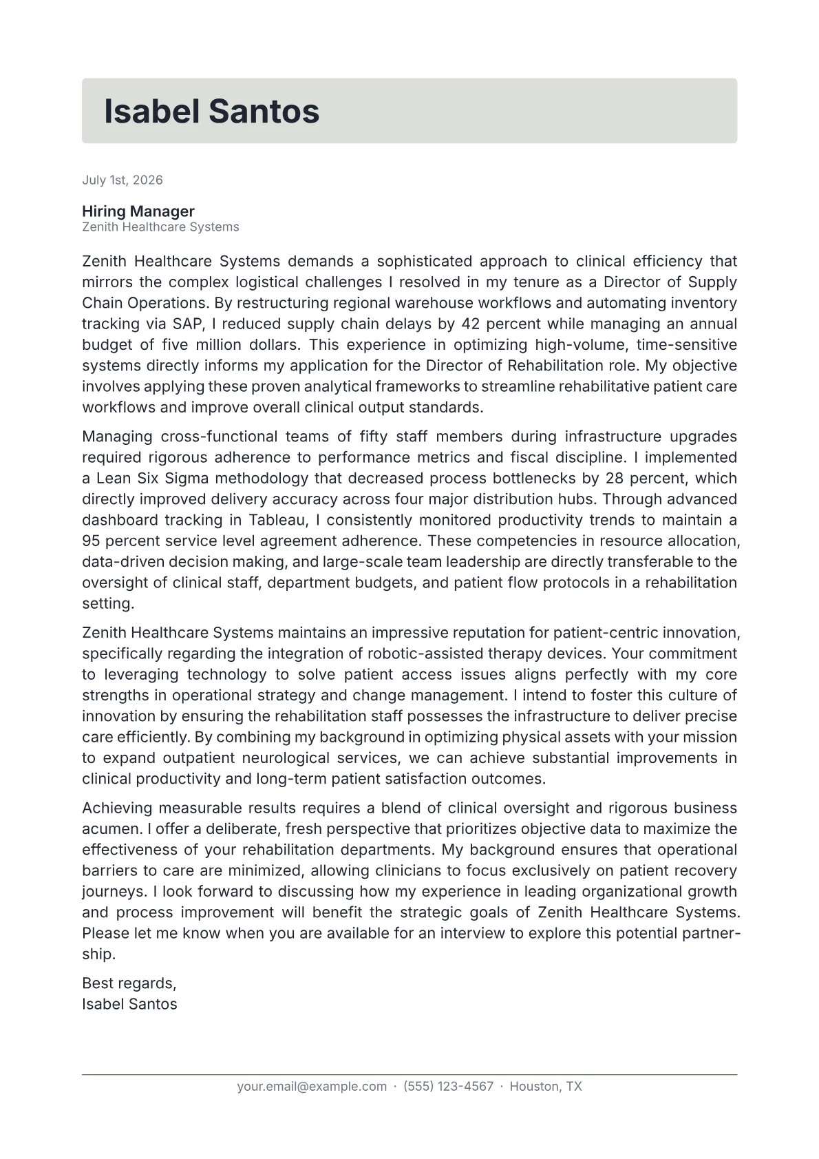 Director of Rehabilitation cover letter in the Letterhead design