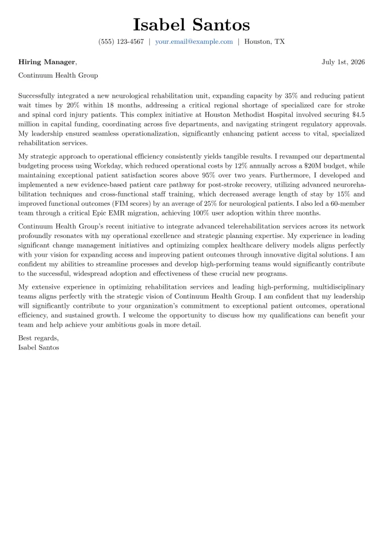 Director of Rehabilitation cover letter example