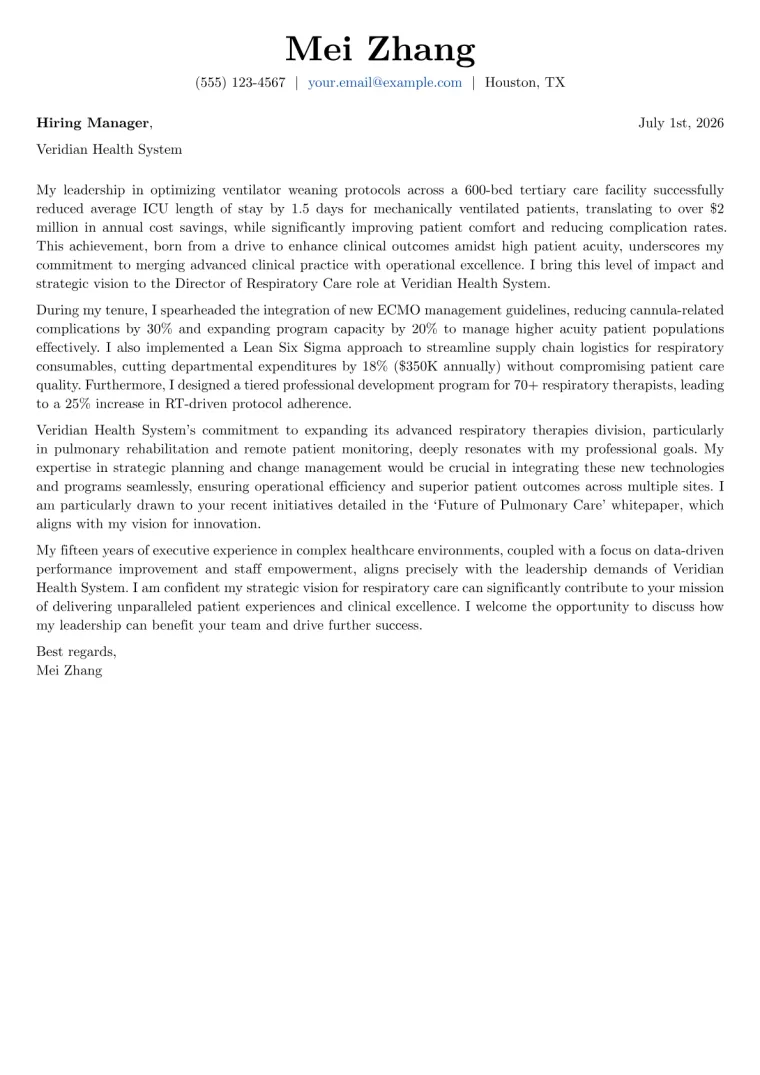 Director of Respiratory Care cover letter example preview