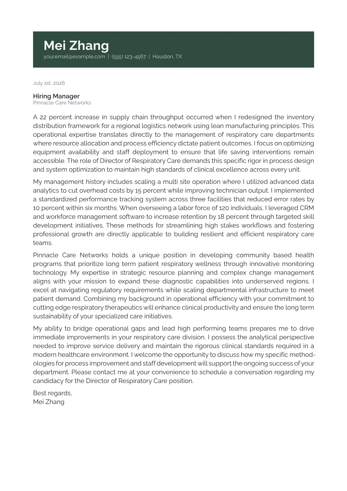 Director of Respiratory Care cover letter in the Banner design