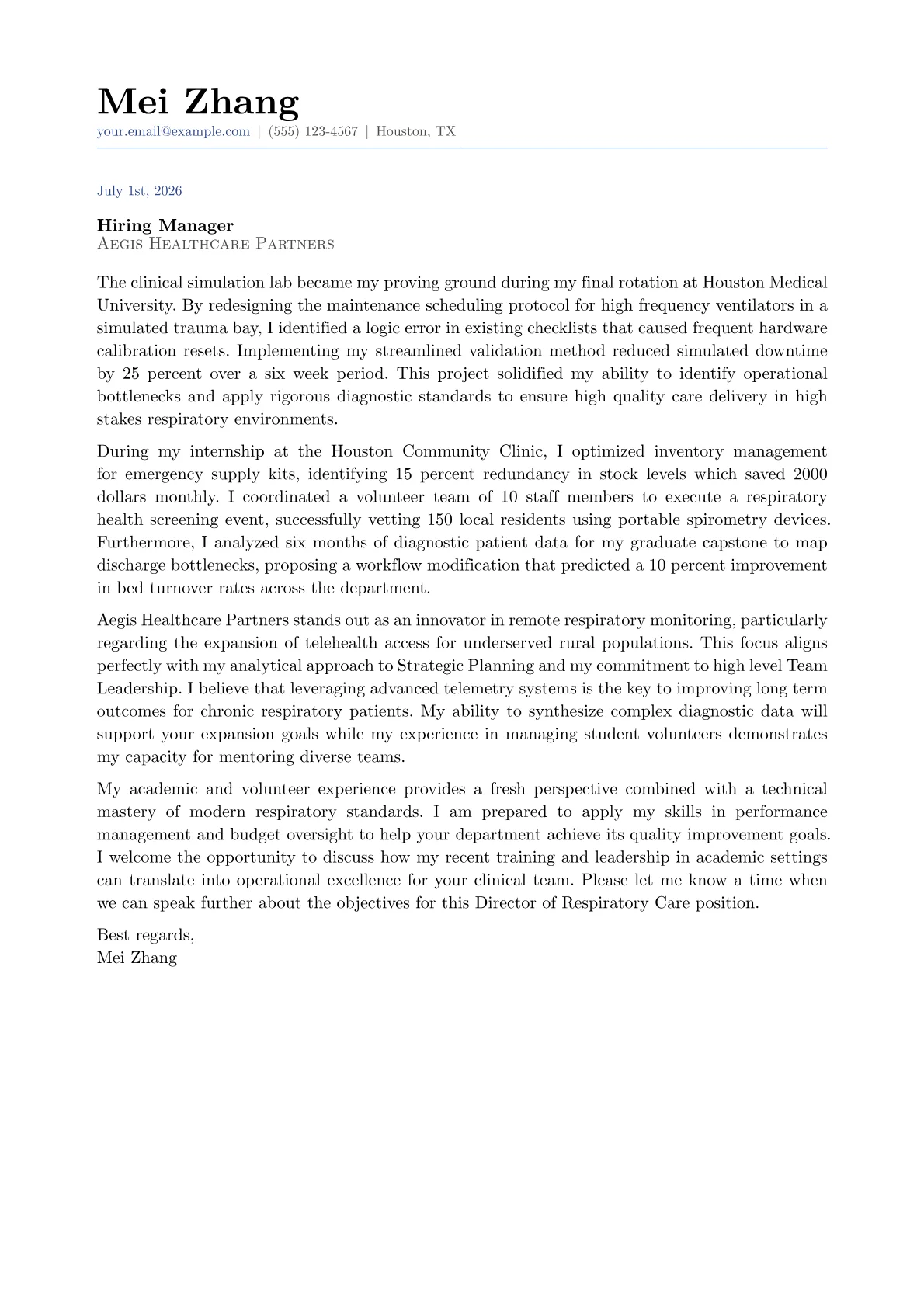 Director of Respiratory Care cover letter in the Classic design