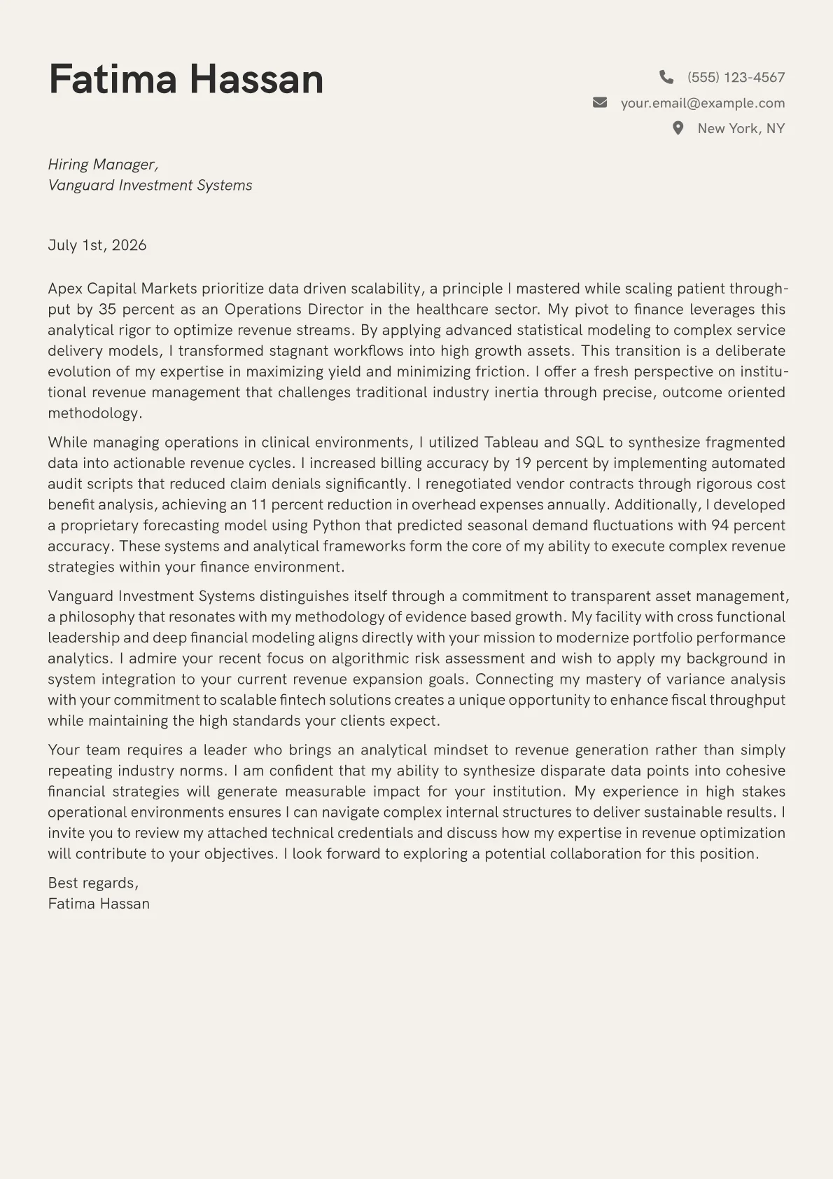 Director of Revenue cover letter in the Creative design