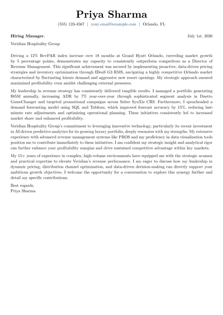 Director of Revenue Management cover letter example preview