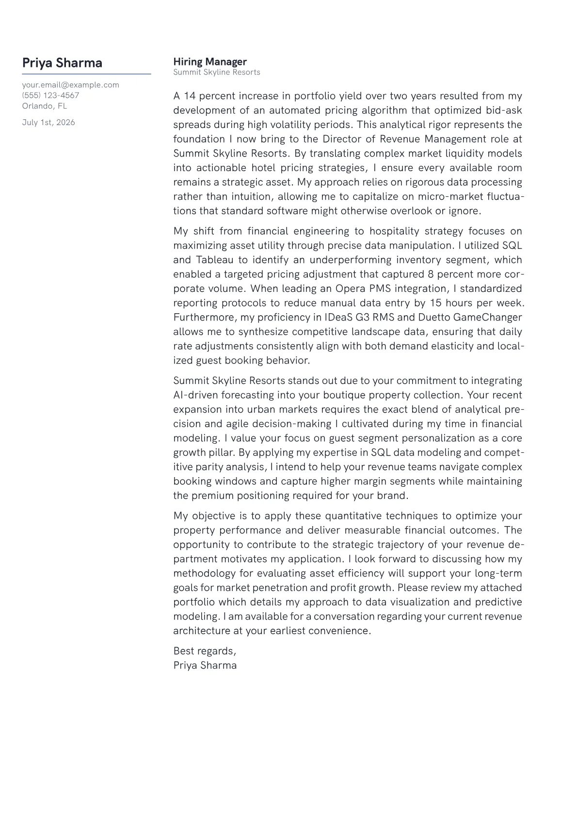 Director of Revenue Management cover letter in the Margin design