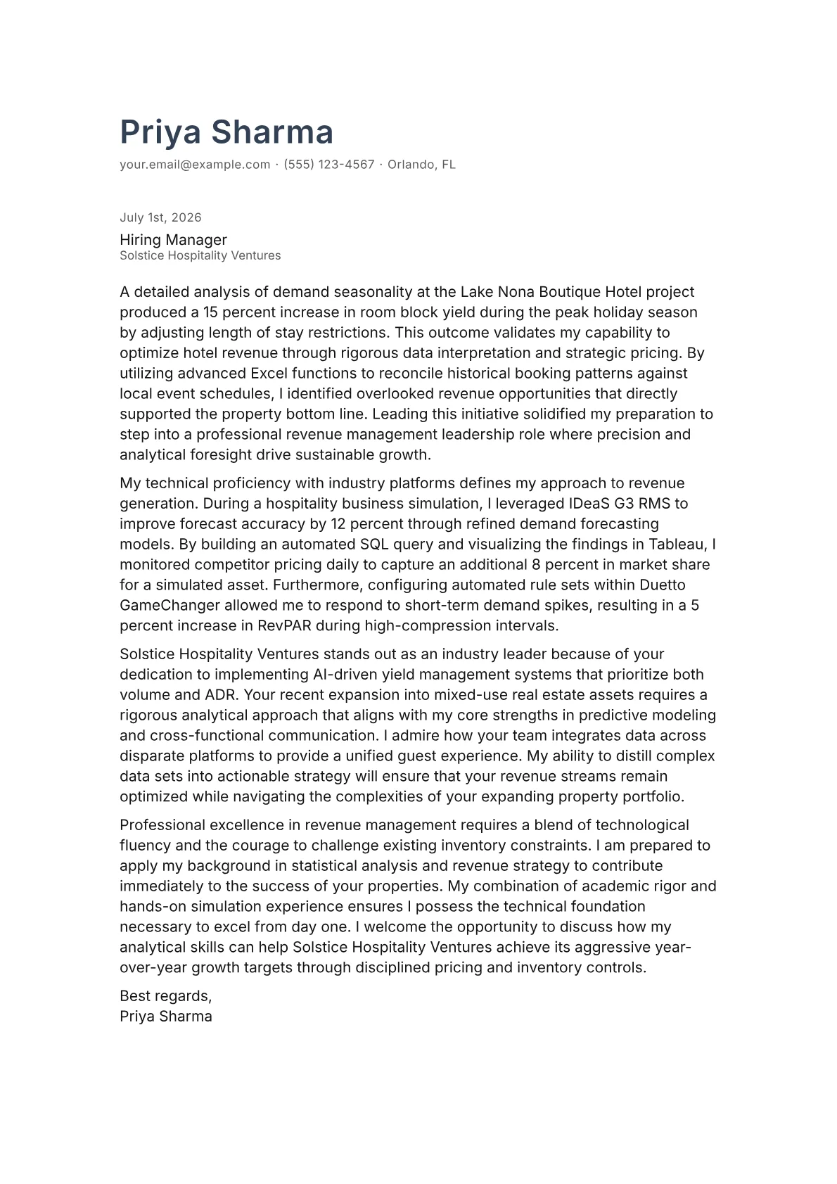 Director of Revenue Management cover letter in the Minimal design