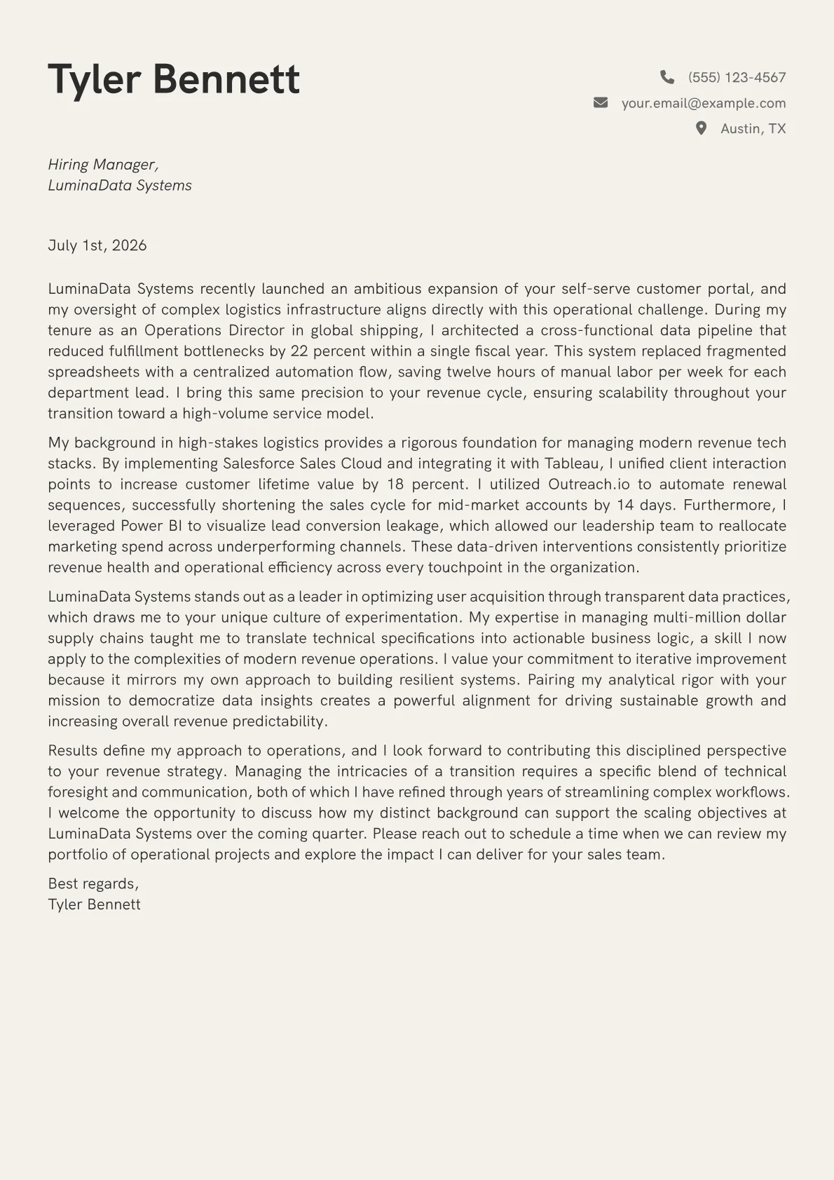 Director of Revenue Operations cover letter in the Creative design