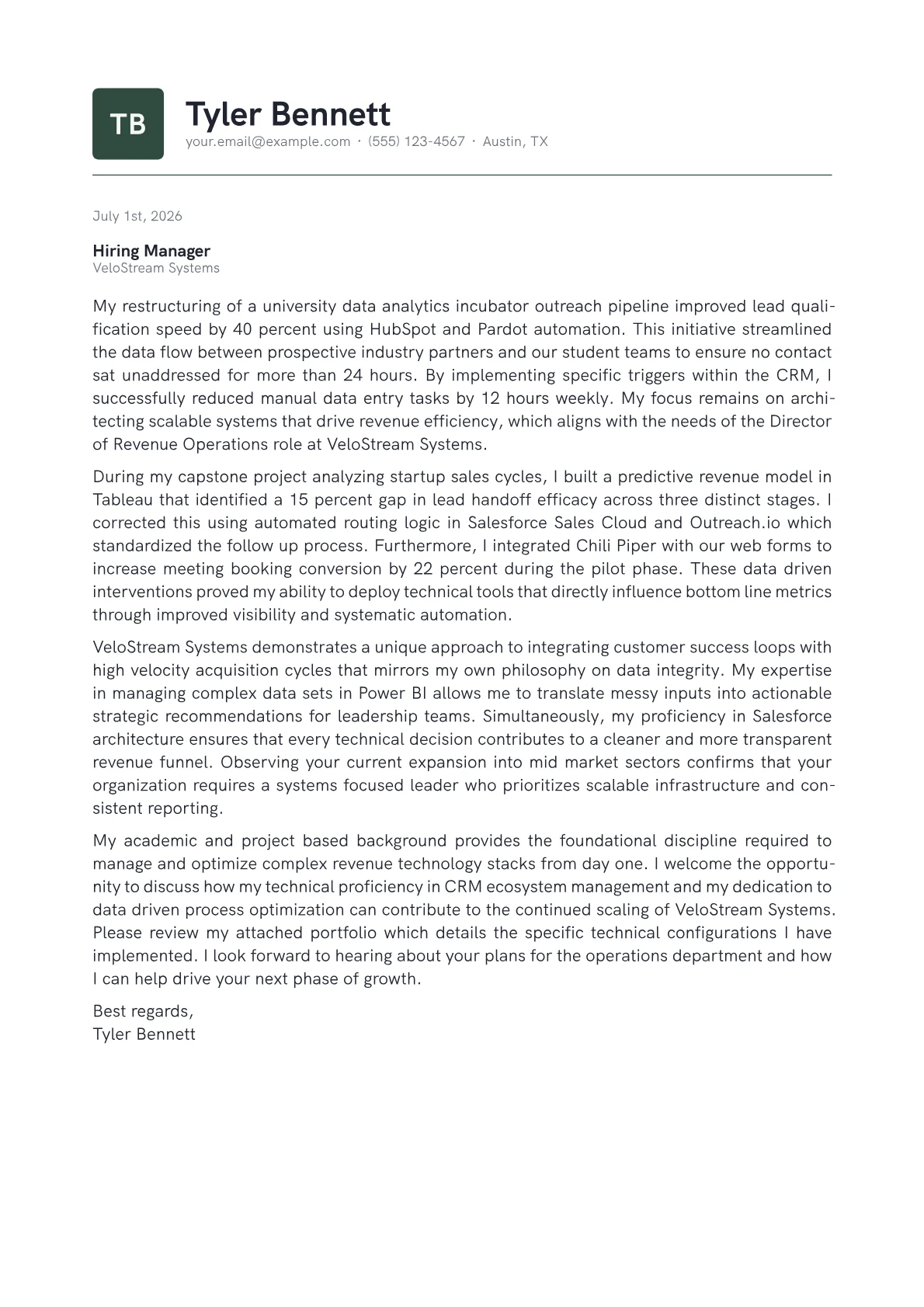 Director of Revenue Operations cover letter in the Emblem design