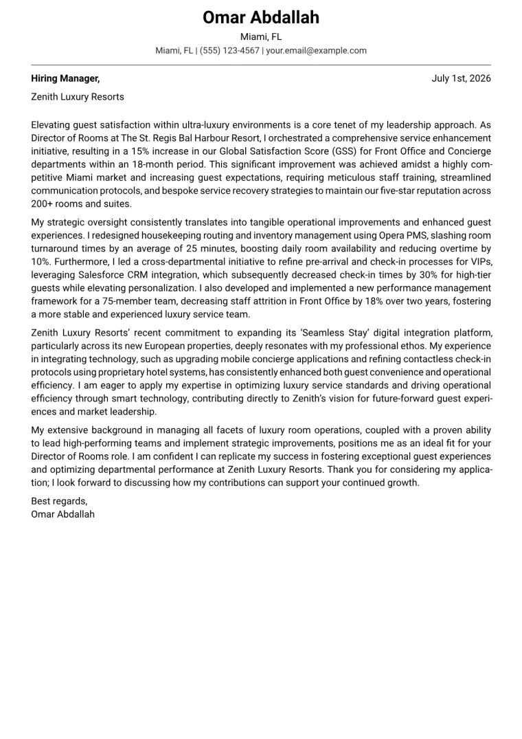 Director of Rooms cover letter example preview