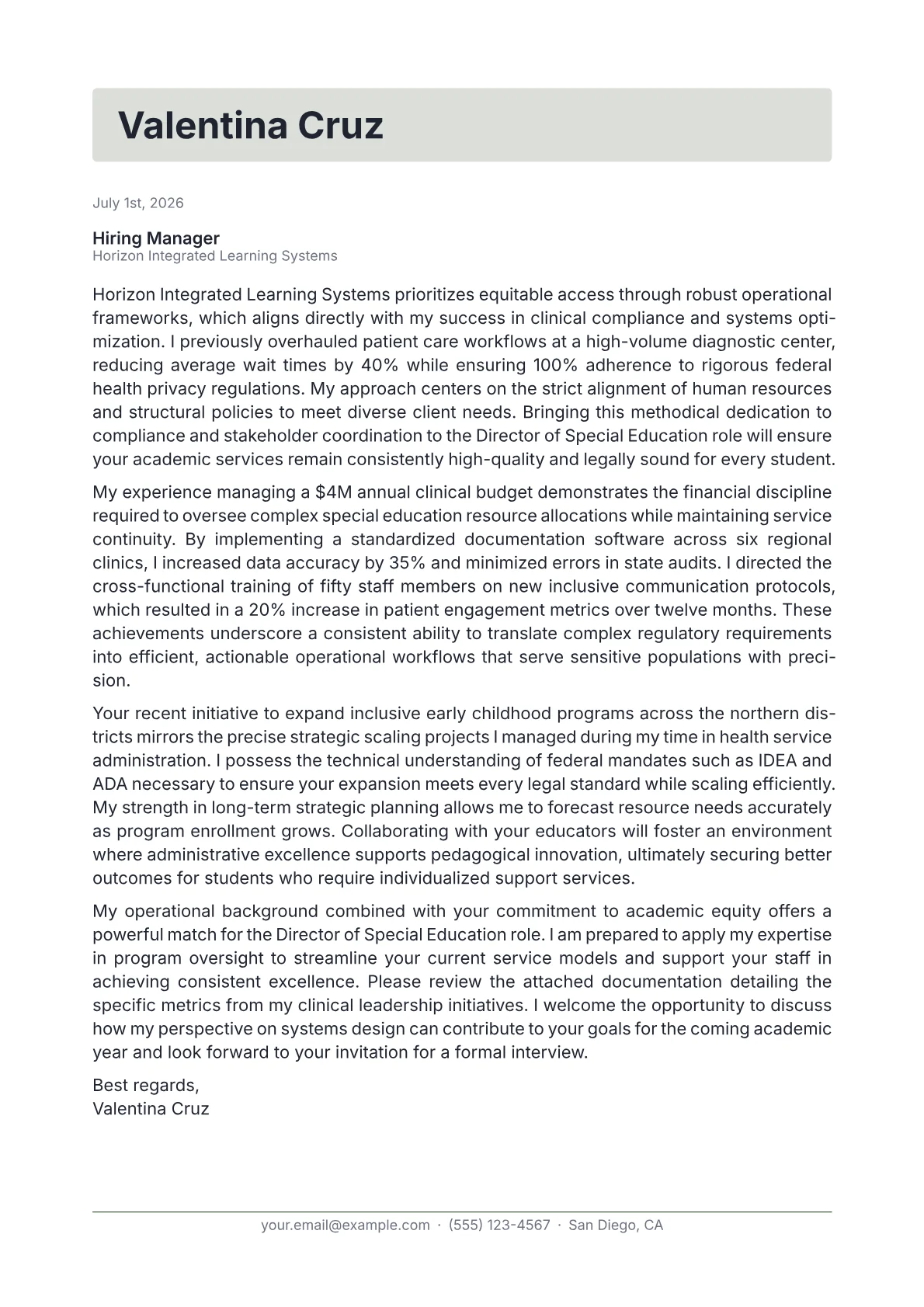 Director of Special Education cover letter in the Letterhead design