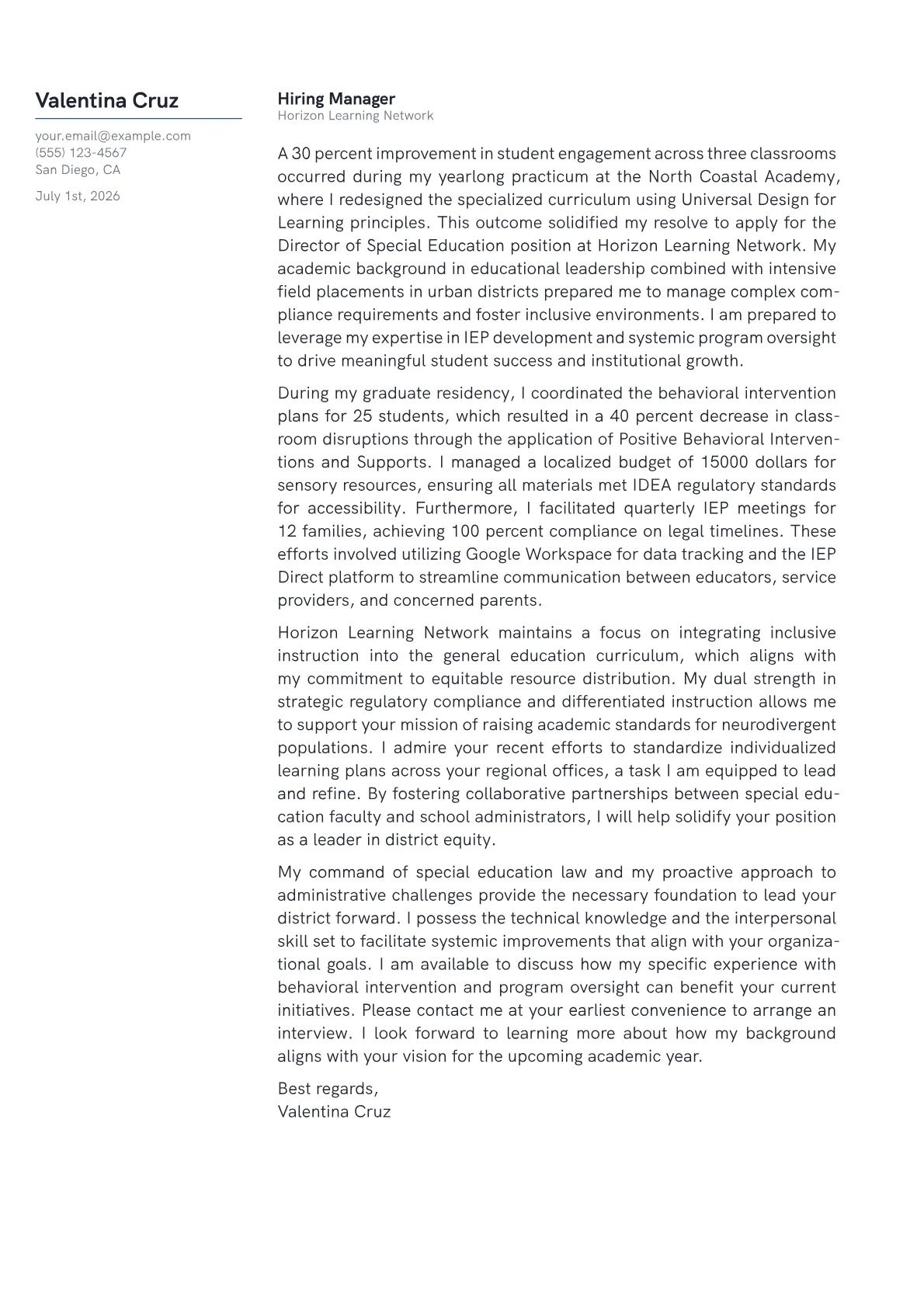 Director of Special Education cover letter in the Margin design