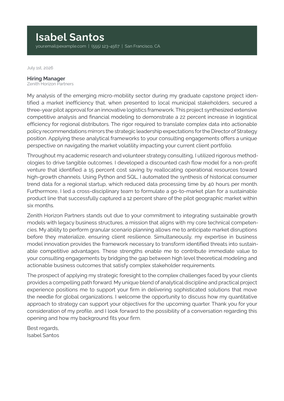 Director of Strategy cover letter in the Banner design