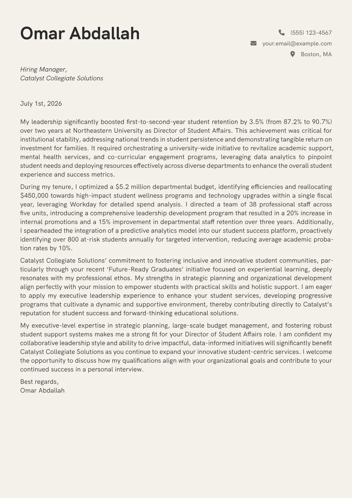 Director of Student Affairs cover letter formatted with a JobSprout template