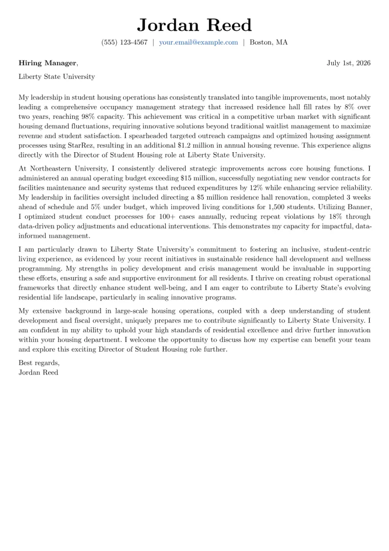Director of Student Housing cover letter example