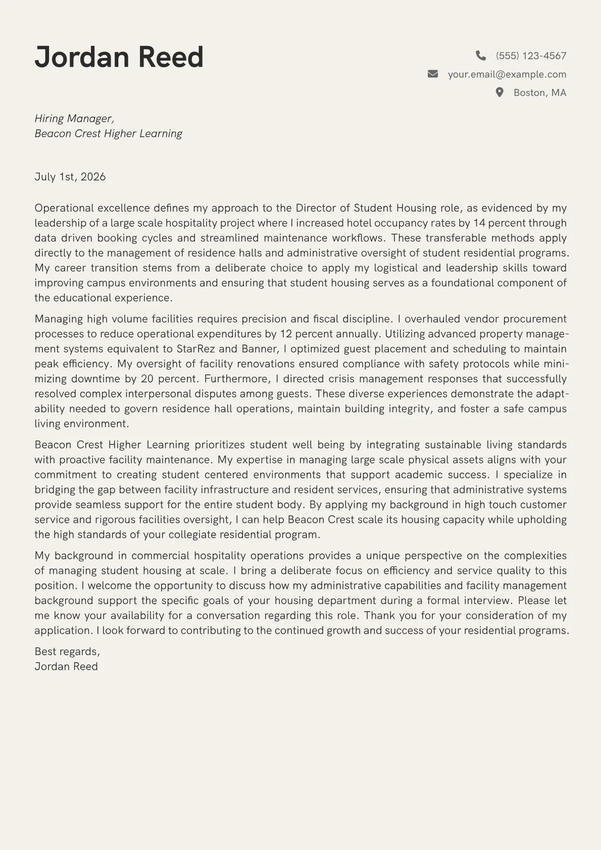 Director of Student Housing cover letter in the Creative design