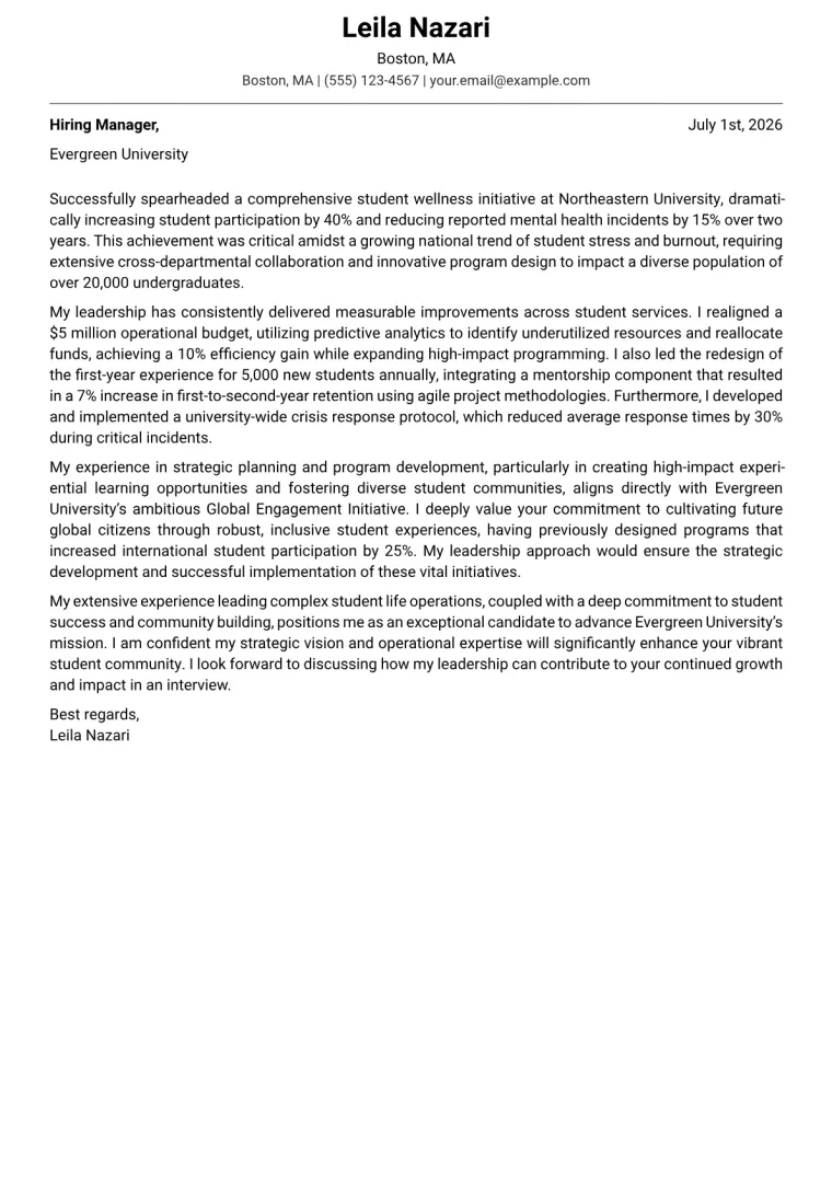 Director of Student Life cover letter example preview