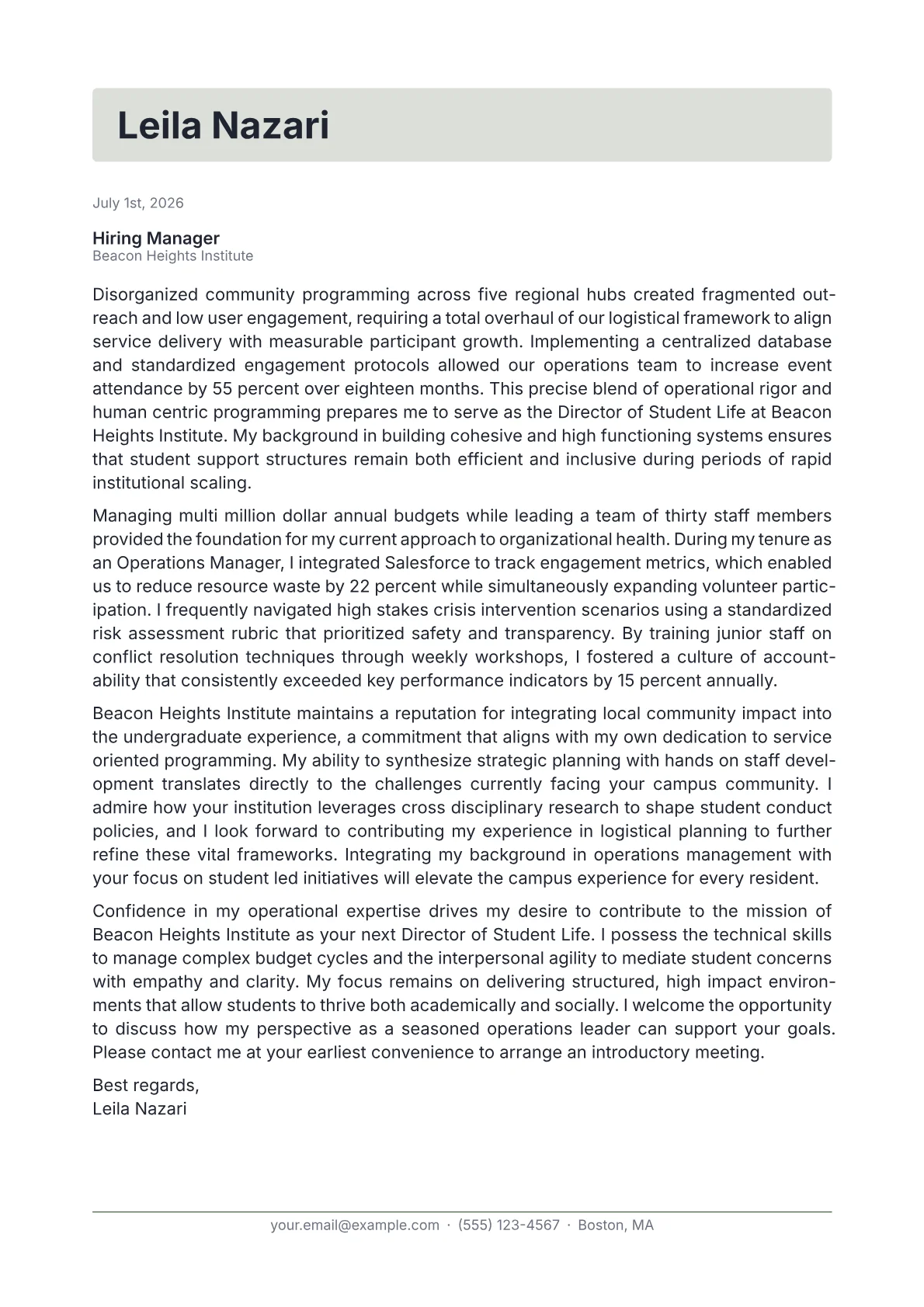 Director of Student Life cover letter in the Letterhead design